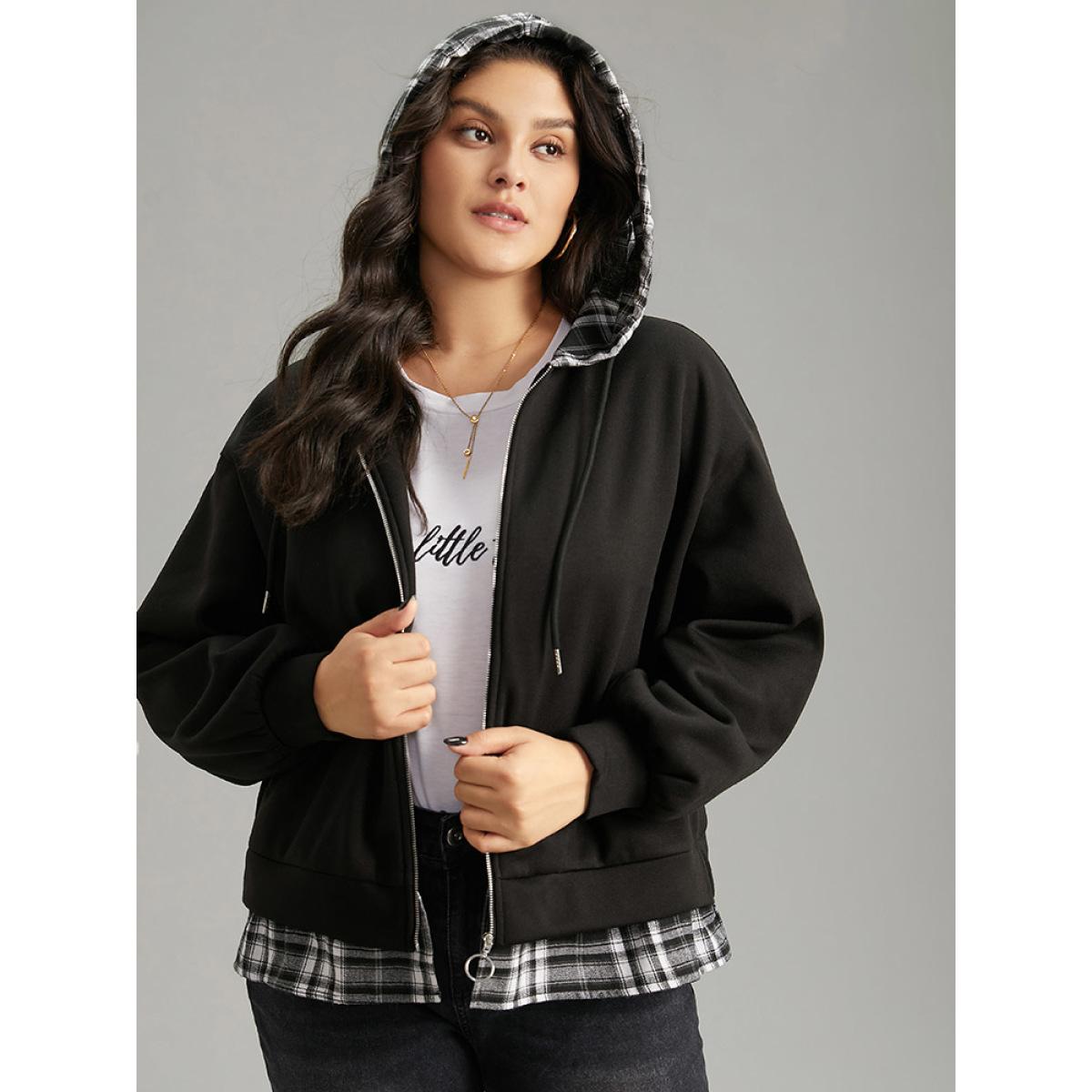 Plus Size Plaid Patchwork O Ring Zipper Hooded Drawstring Jacket Women Black Contrast Dailywear Jackets BloomChic 26/4X Product Image