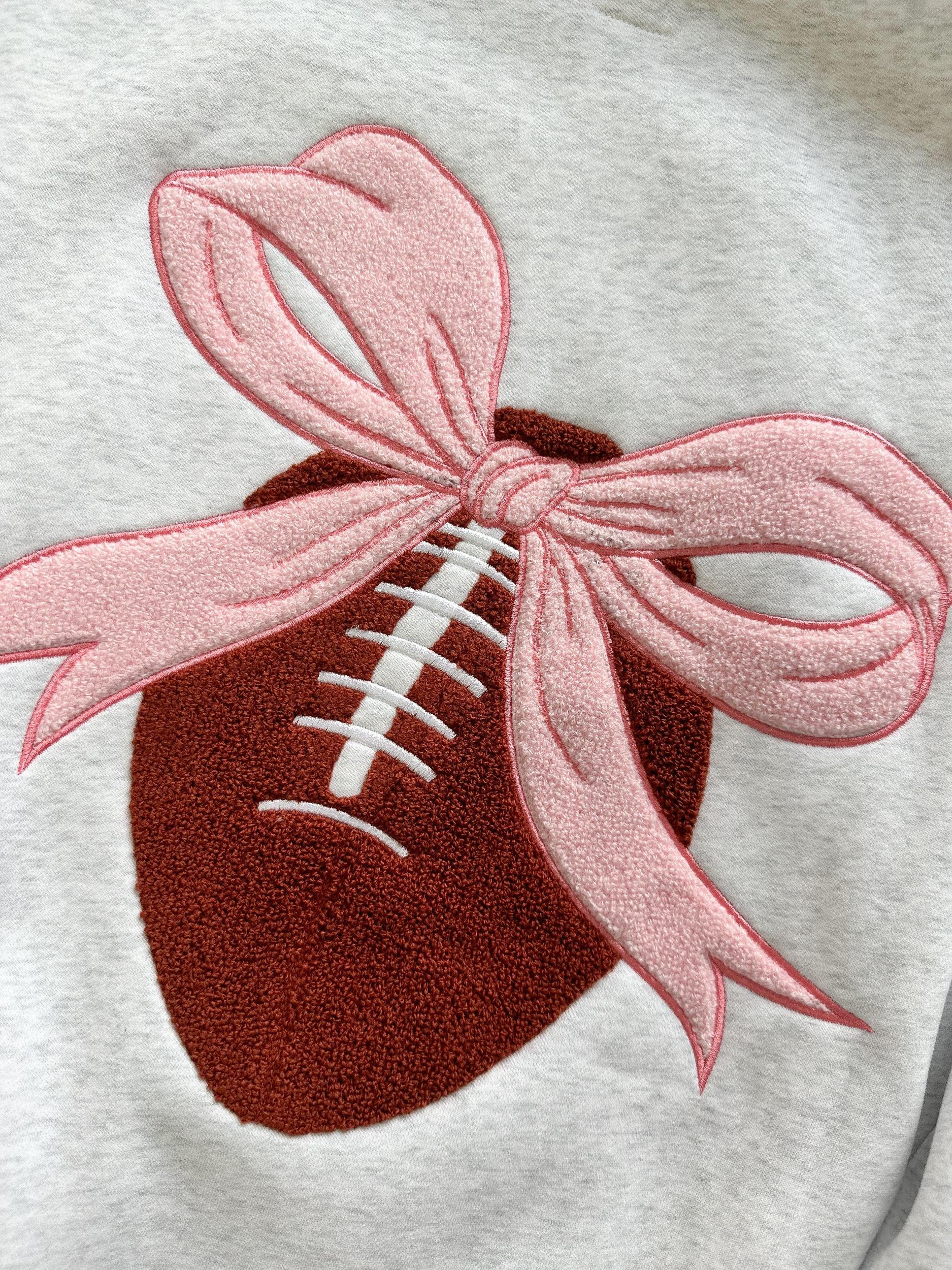 Pearl Grey Pink Bow Football Game Day Embroider Sweatshirt Product Image