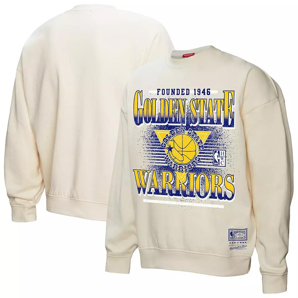 Women's Mitchell & Ness Cream Golden State Warriors Oversprayed Pullover Sweatshirt,  Product Image