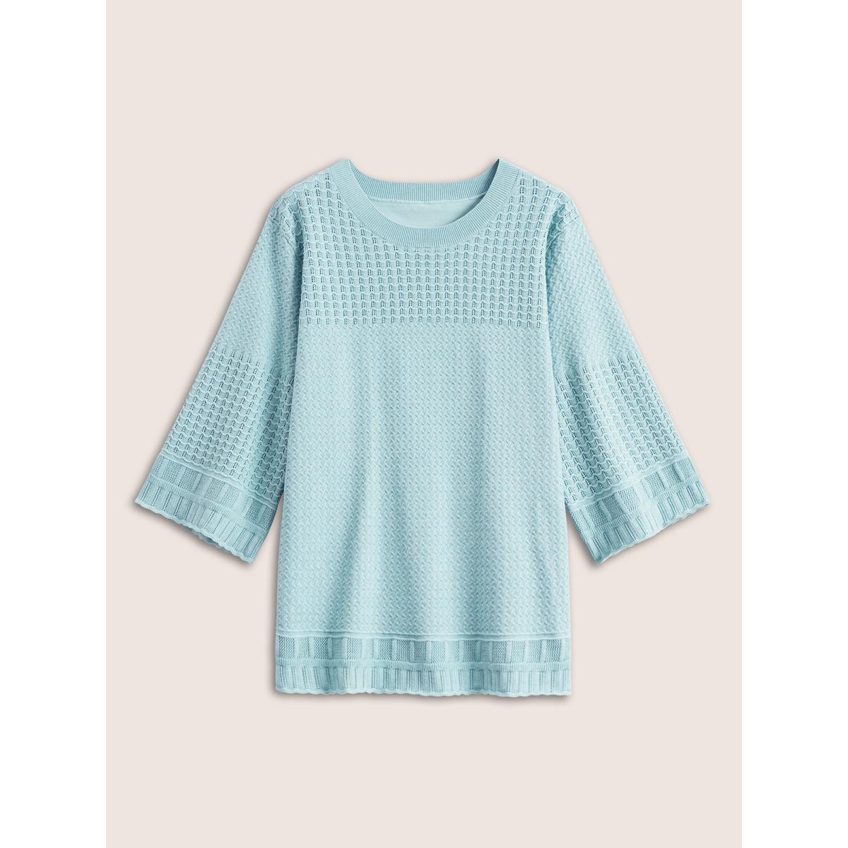 Plus Size Jacquard Hollow Out Crew Neck Bell Sleeve Pullover LightBlue Women Casual Elbow-length sleeve Round Neck Everyday Pullovers BloomChic 14-16/1X Product Image