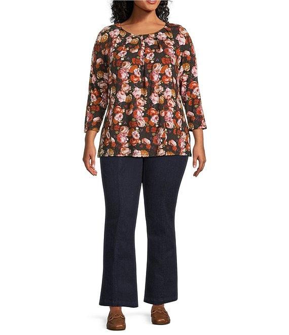 Intro Plus Size Knit Jersey Fudge Rose Print 3/4 Sleeve Pleated Neck Tee Product Image