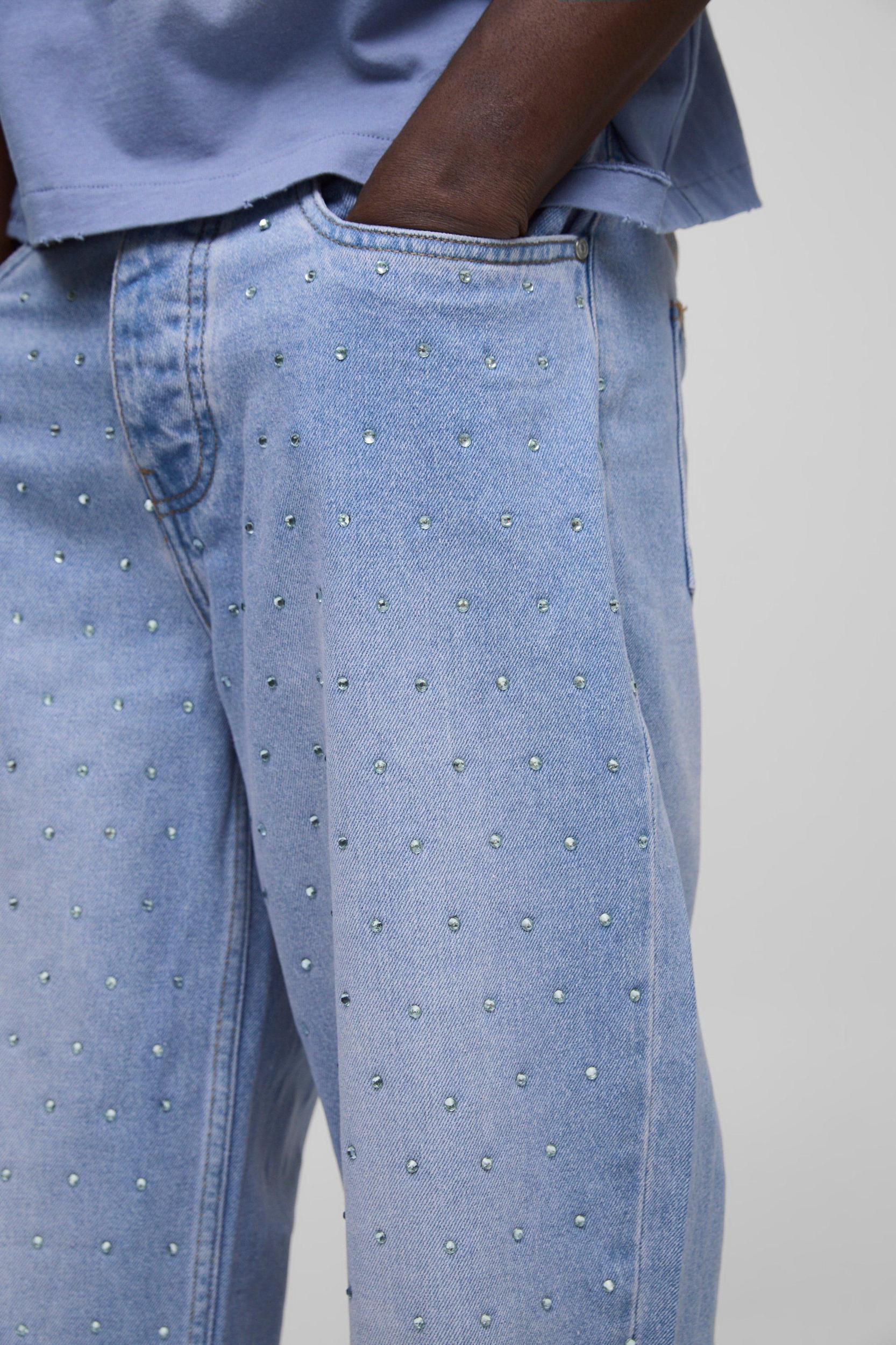 Relaxed Fit All Over Rhinestone Embellished Lilac Jeans | boohooMAN USA Product Image