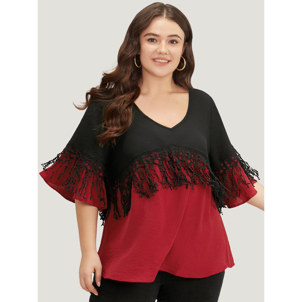Plus Size Black Halloween Two Tone Fringe Trim Patchwork Blouse Women Elegant Short sleeve V-neck Festival-Halloween Blouses BloomChic 22-24/3X Product Image