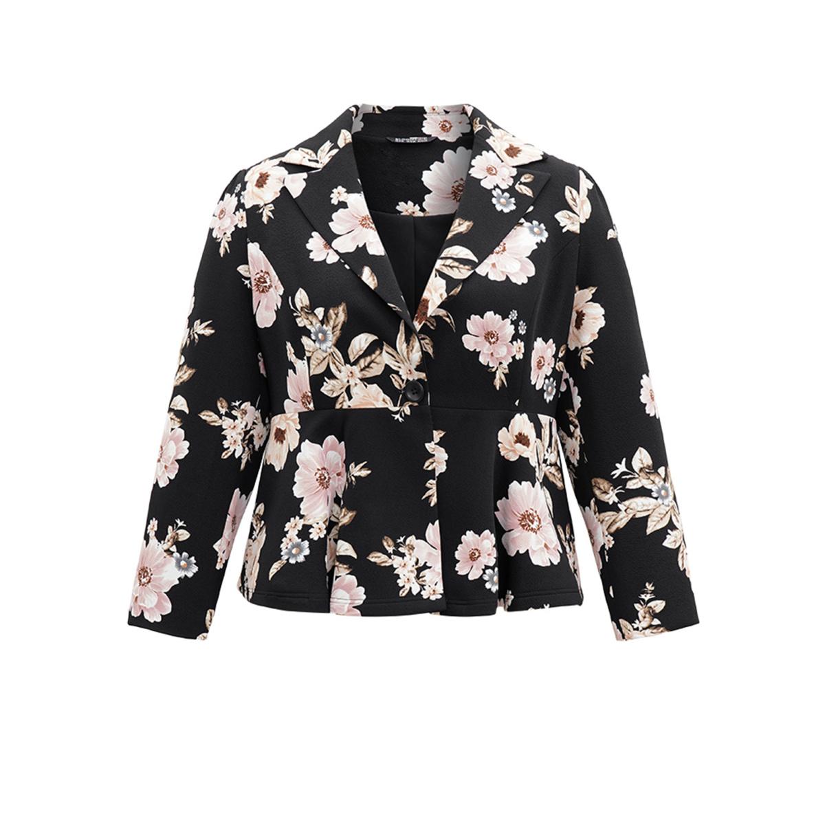 Plus Size Lapel Collar Floral Button Up Blazer BlackFlower Women Dailywear Floral Lined Sleeve Long Sleeve Lapel Collar 14-16/1X Elegant Blazers BloomChic Product Image