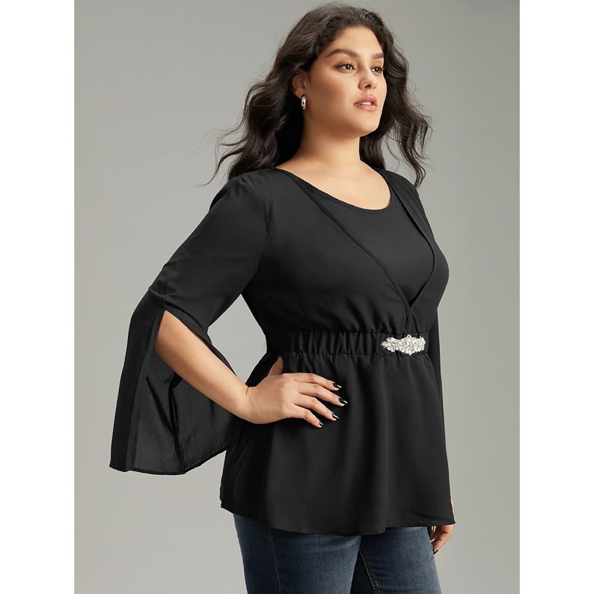 Plus Size Black Solid Chiffon Rhinestone Bell Sleeve Blouse Women Glamour Elbow-length sleeve V-neck Festival-Halloween Blouses BloomChic 18-20/2X Product Image