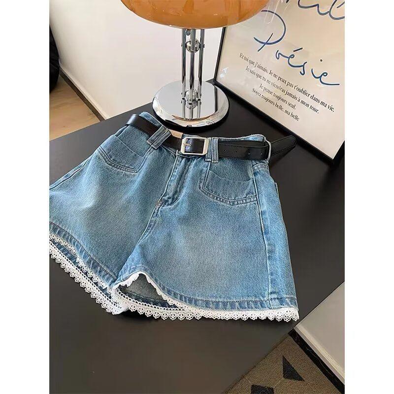 High Waist Washed Lace Trim Denim Shorts Product Image