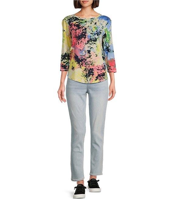 Westbound Multi Splatter Print 3/4 Sleeve Knit Crew Neck Top Product Image