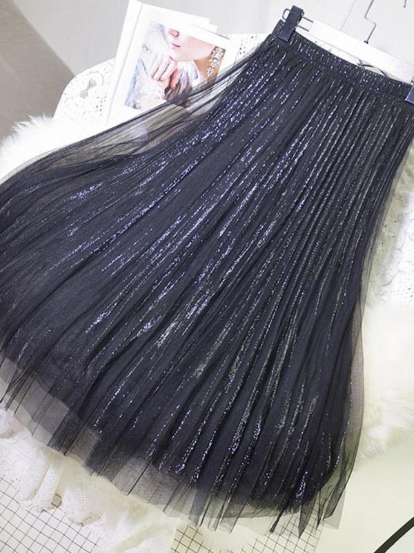 Urban A-Line Elastic Waist Mesh Pleated Skirts Product Image