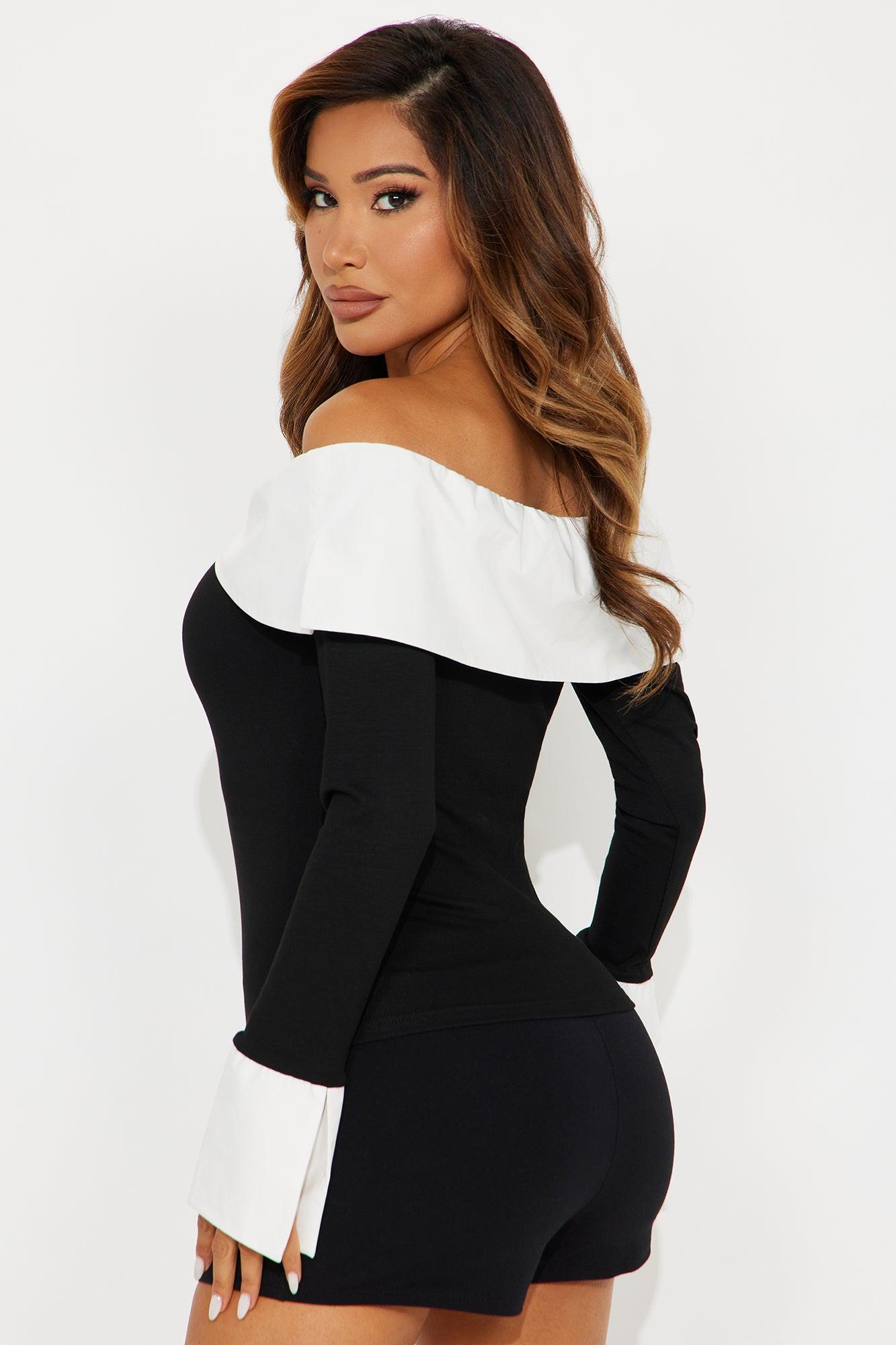Skybound Contrast Trim Off Shoulder Top - Black/White Female Product Image