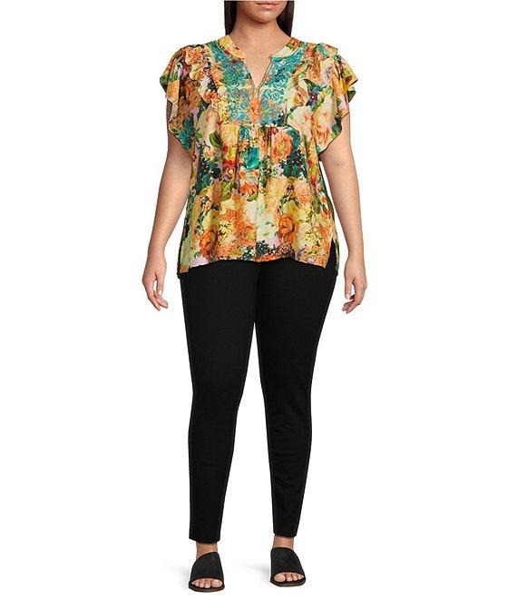 Calessa Plus Size Embroidered Vintage Floral Print Split V-Neck Ruffled Cap Sleeve Tunic Product Image