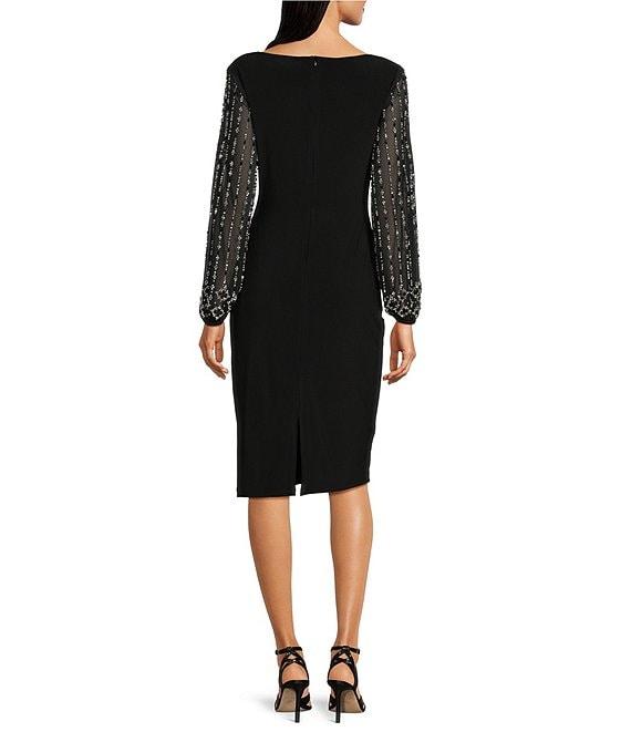 Marina Round Neck Beaded Lace Long Sleeve Side Drape Sheath Dress Product Image