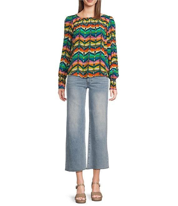 APNY Woven Printed Crew Neck Long Sleeve Smocked Blouse Product Image