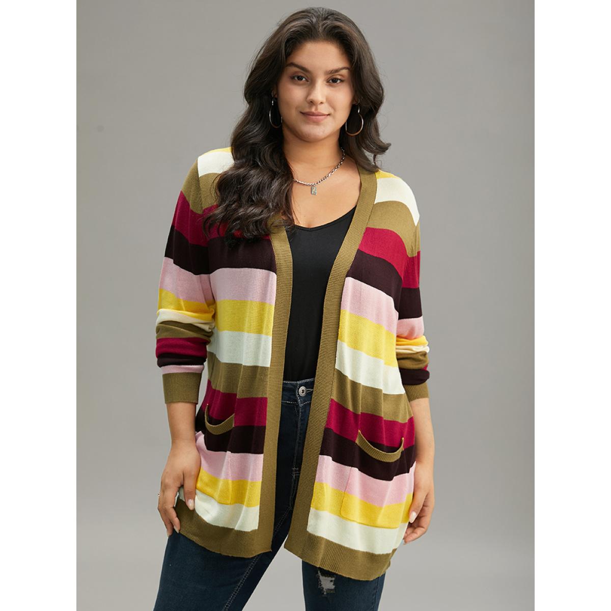 Plus Size Supersoft Essentials Rainbow Striped Patched Pocket Open Front Cardigan Multicolor Women Casual Loose Long Sleeve Everyday Cardigans BloomChic 14-16/1X Product Image