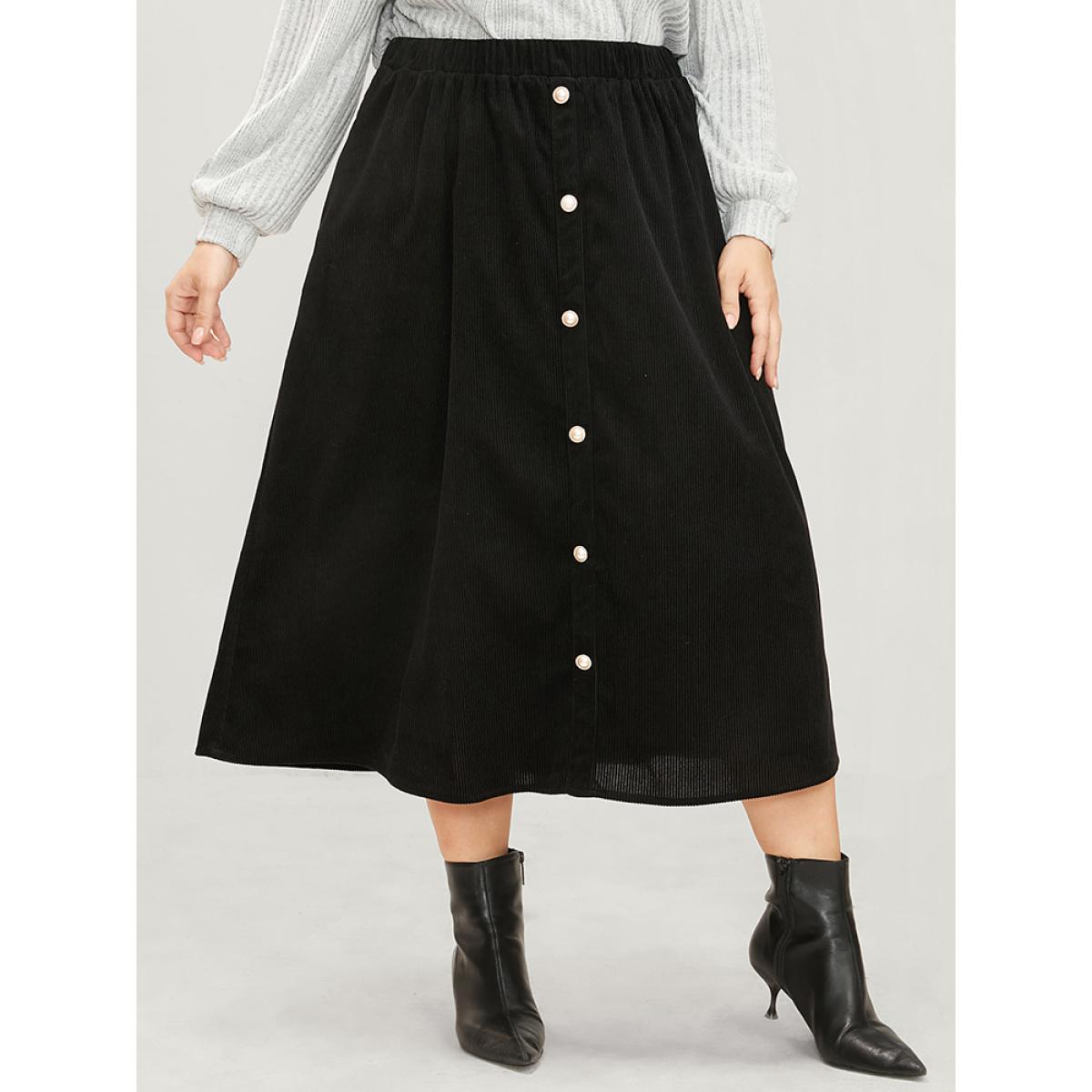 Plus Size Solid Button Detail Pocket Elastic Waist Corduroy Skirt Women Black Elegant Button No stretch Pocket Dailywear Skirts BloomChic 18-20/2X Product Image