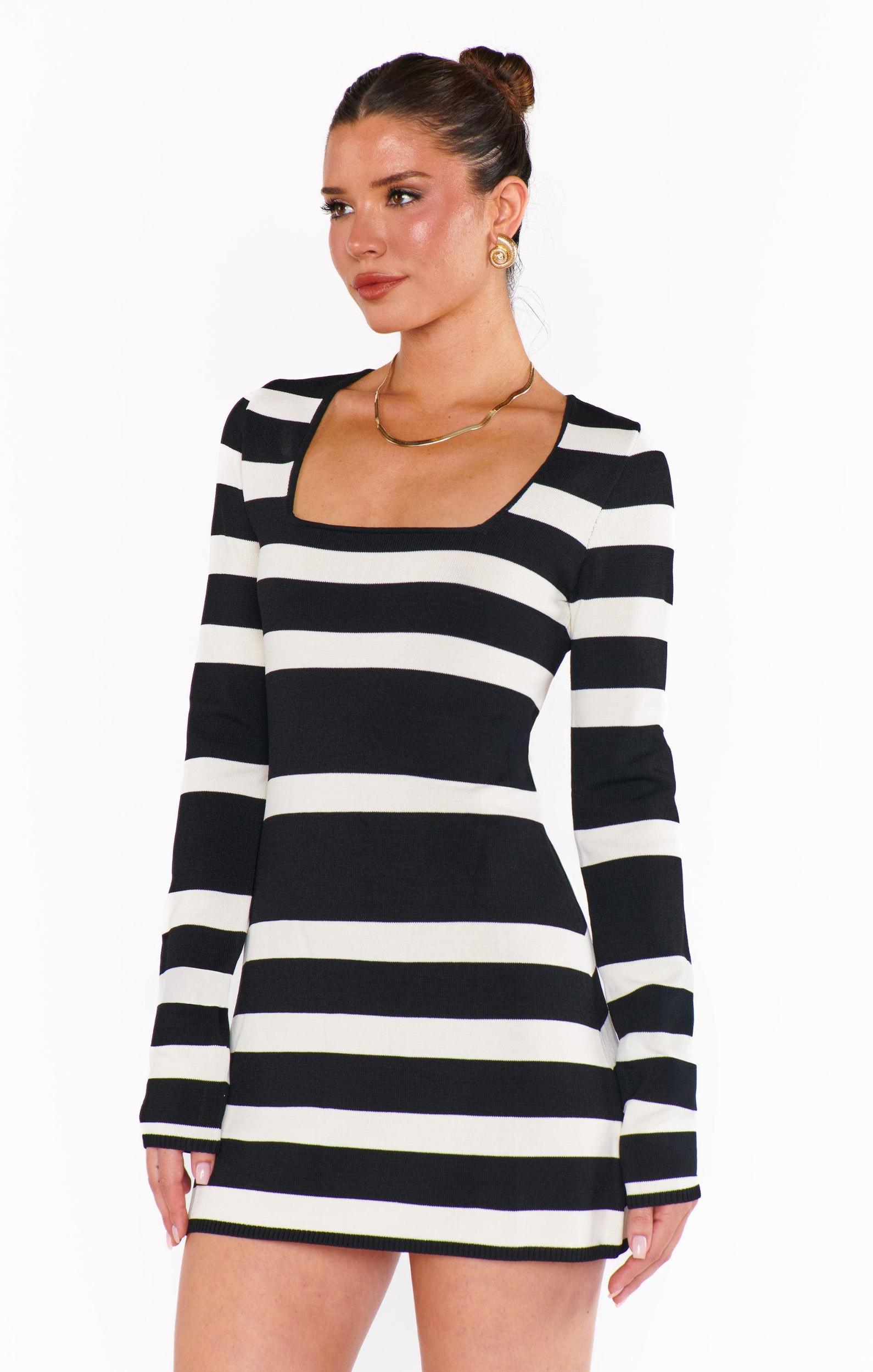 Erika Mini Dress ~ Black White Stripe Knit Product Image