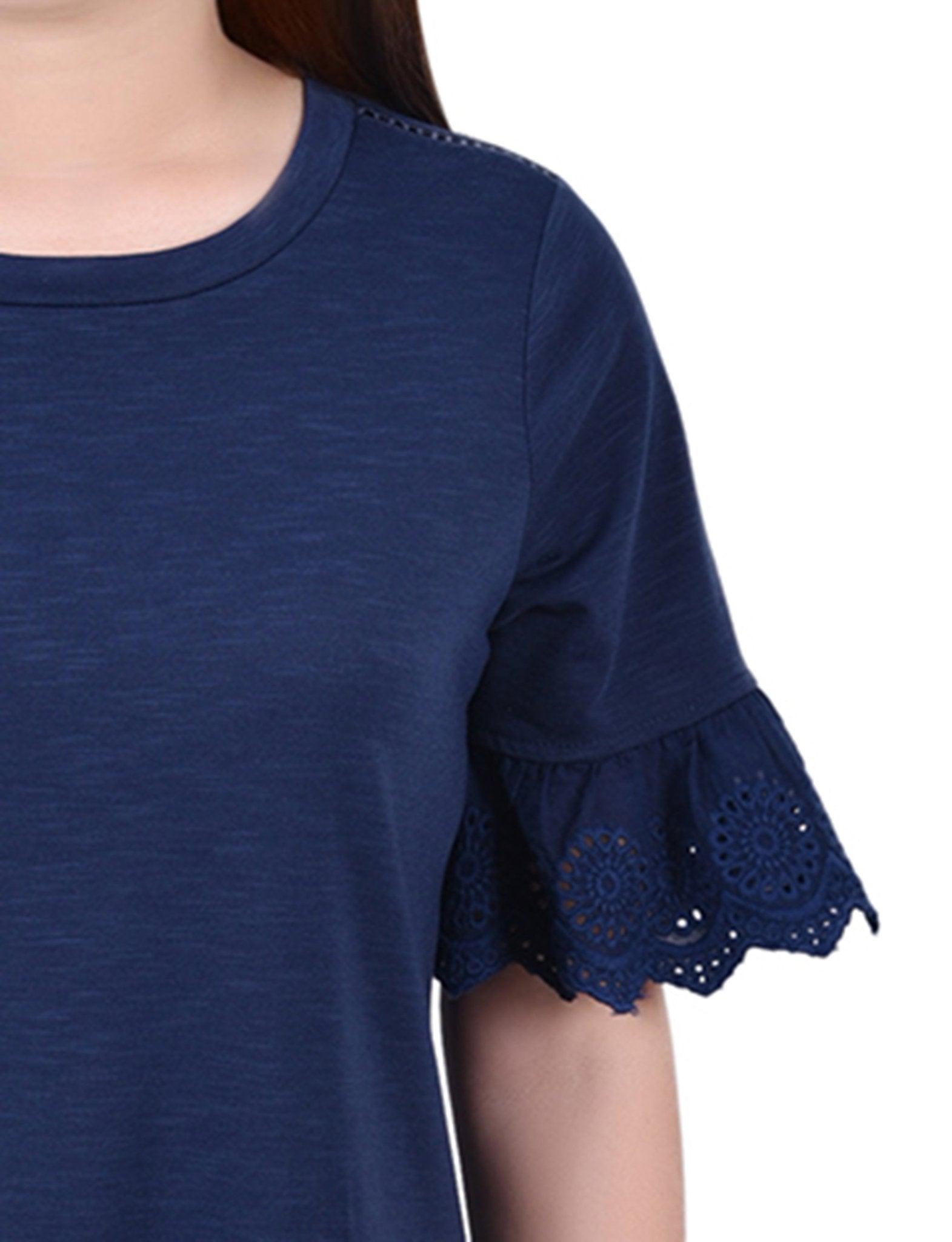 Navy Short Bell Sleeve Slubbed Top - Petite Product Image