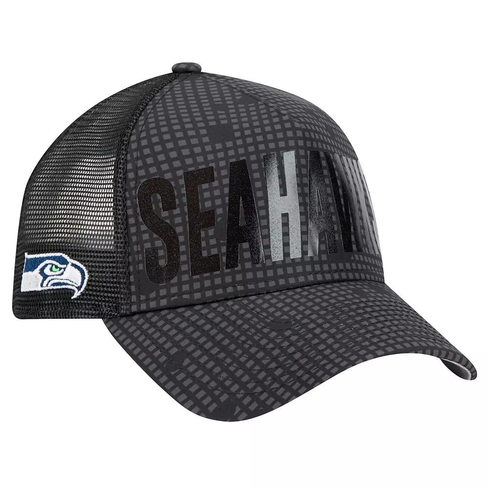 Men's New Era Black Seattle Seahawks  Midnight Ink Tonal Text A-Frame Trucker 9FORTY Adjustable Hat Product Image