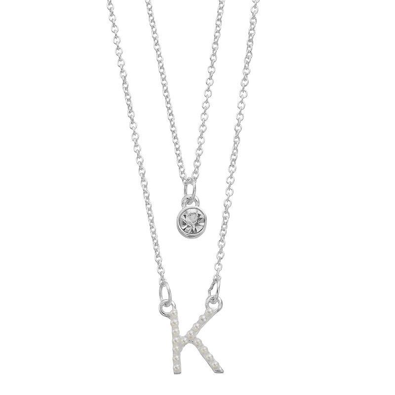City Luxe Fine Silver Plated Cubic Zirconia & Simulated Pearl Initial Duo Necklace Set, Women's, Silver Tone J Product Image