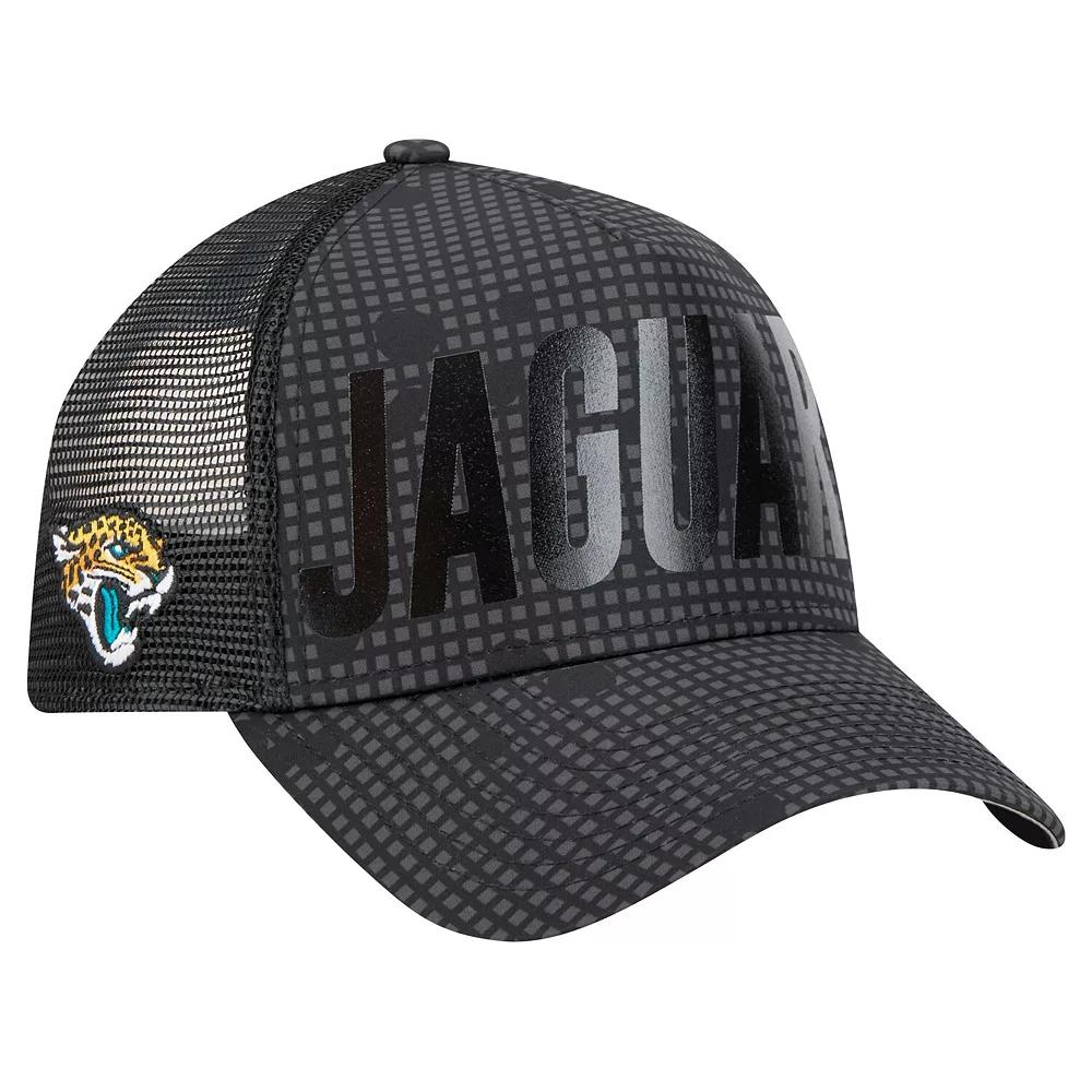 Men's New Era Black Jacksonville Jaguars Midnight Ink Tonal Text A-Frame Trucker 9FORTY Adjustable Hat Product Image