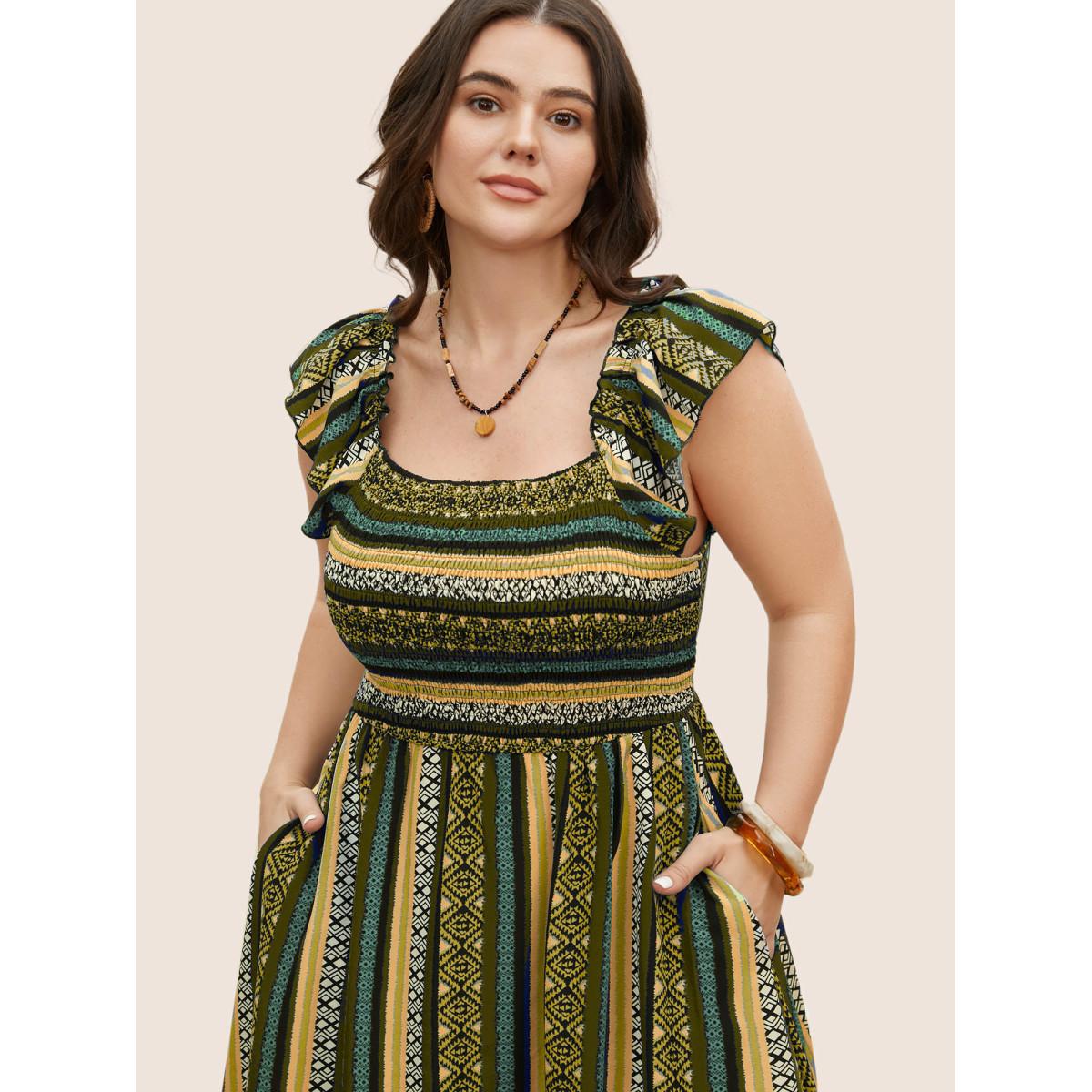Plus Size Bandana Striped Shirred Ruffle Trim Dress DarkGreen Women Resort Shirred Square Neck Cap Sleeve Curvy BloomChic 18-20/2X Product Image