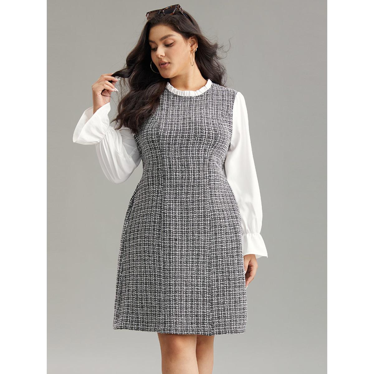 Plus Size Plaid Patchwork Ruffle Trim Knee Dress White Women Office Texture Mock Neck Long Sleeve Curvy Knee Dress BloomChic 30/6X Product Image