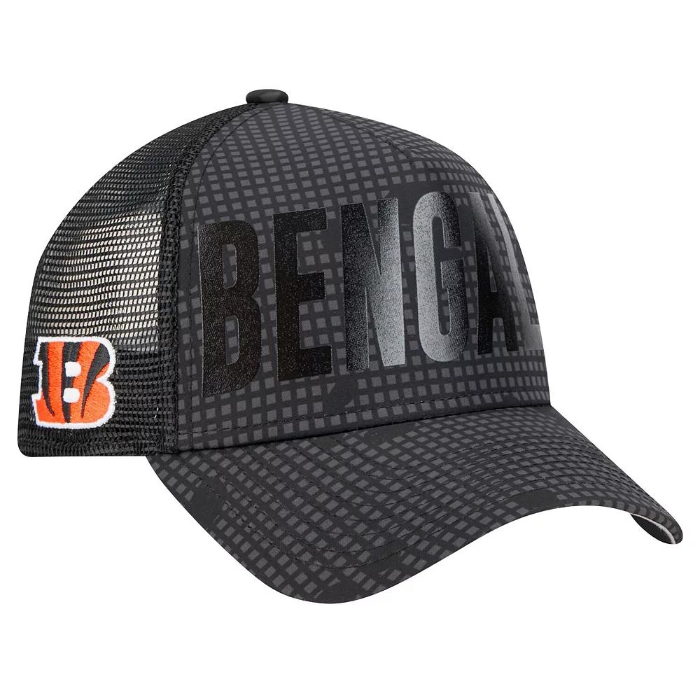 Men's New Era Black Cincinnati Bengals Midnight Ink Tonal Text A-Frame Trucker 9FORTY Adjustable Hat Product Image