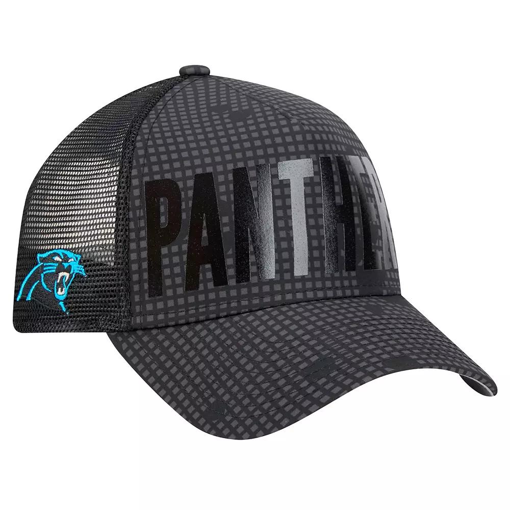 Men's New Era Black Carolina Panthers  Midnight Ink Tonal Text A-Frame Trucker 9FORTY Adjustable Hat Product Image