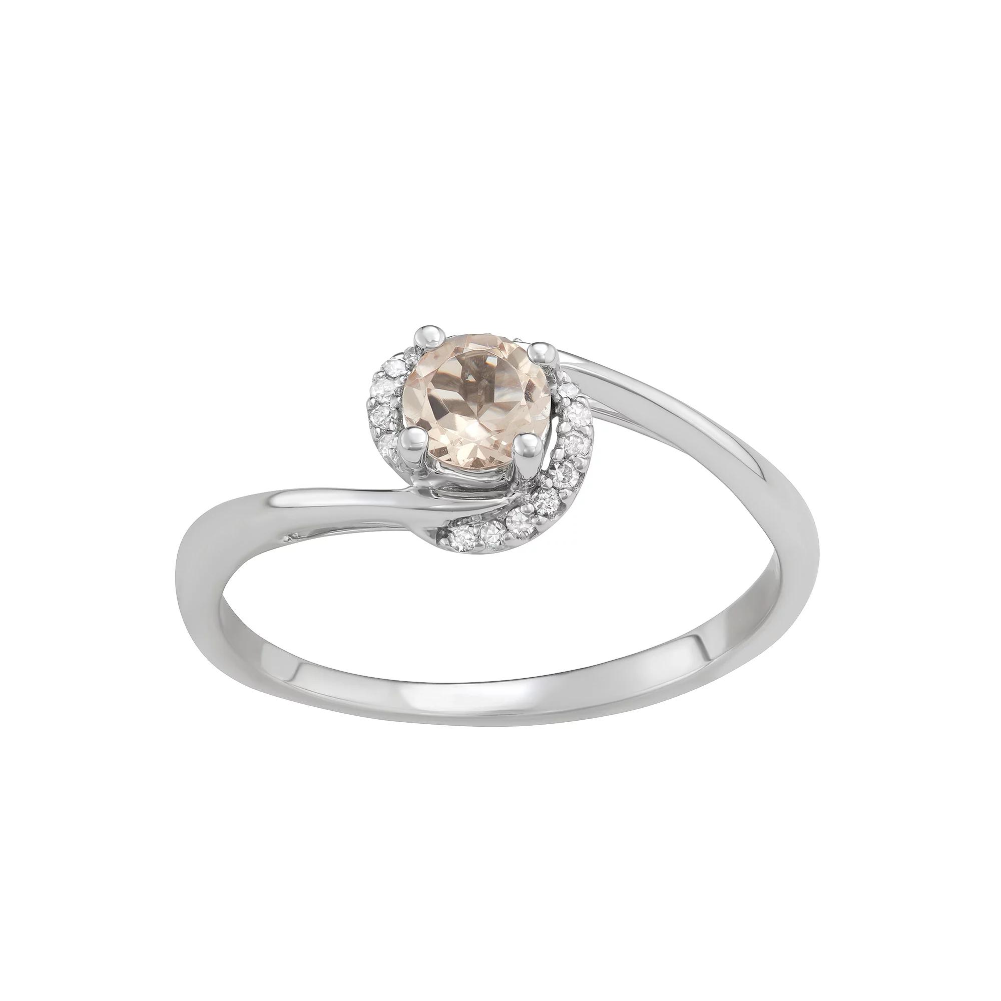 14k White Gold 1/10 Carat T.W. Diamond & Gemstone Bypass Ring, Womens Morganite Product Image