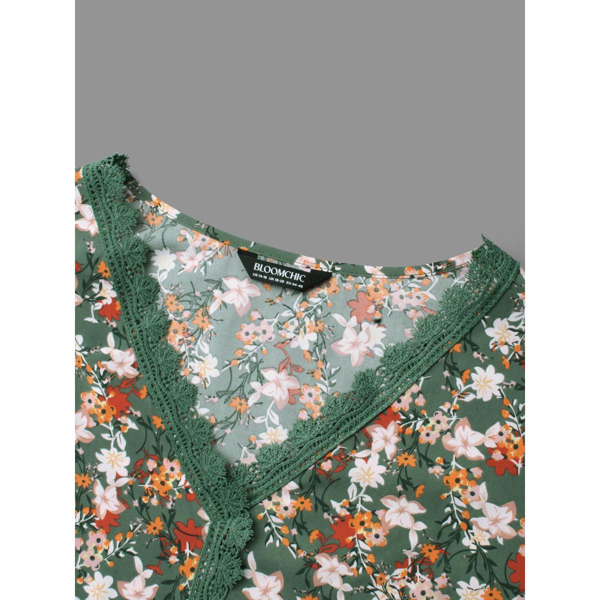 Plus Size Sage Floral Lace Panel Lantern Sleeve Blouse Women Elegant Long Sleeve V-neck Everyday Blouses BloomChic 10/M Product Image