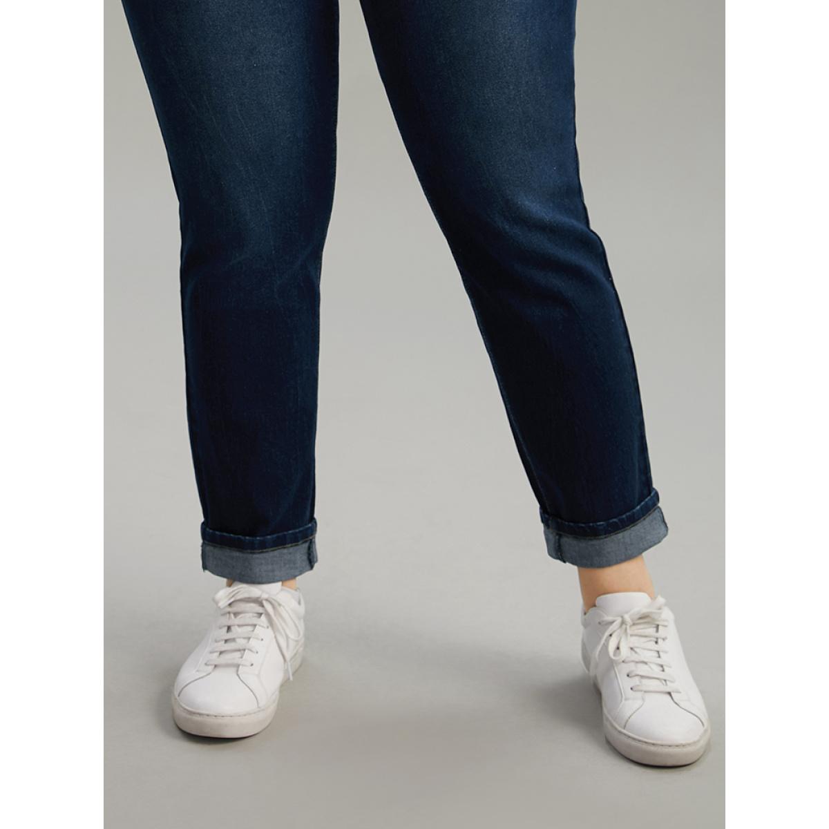 Plus Size Cutoff Roll Hem Full Length Jeans Women DarkBlue Casual Plain Plain High stretch Pocket Jeans BloomChic 22/3X Product Image