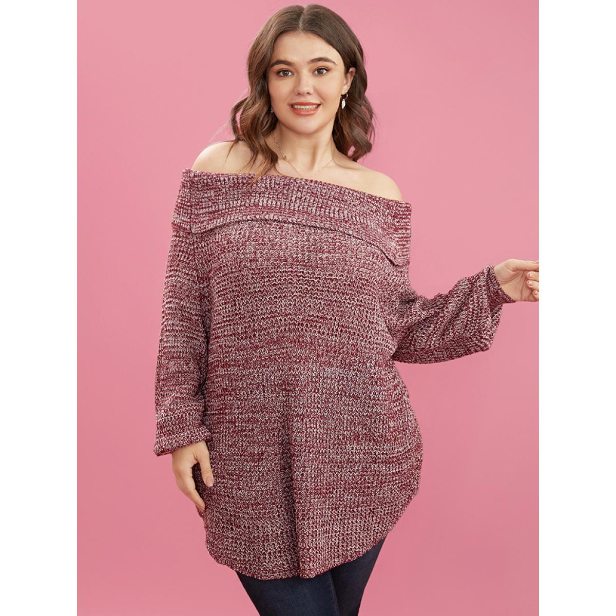 Plus Size Solid Pointelle Knit Off Shoulder Arc Hem Heather Knit Top Russet Women Elegant Loose Long Sleeve One-shoulder neck Dailywear Pullovers BloomChic 10/M Product Image