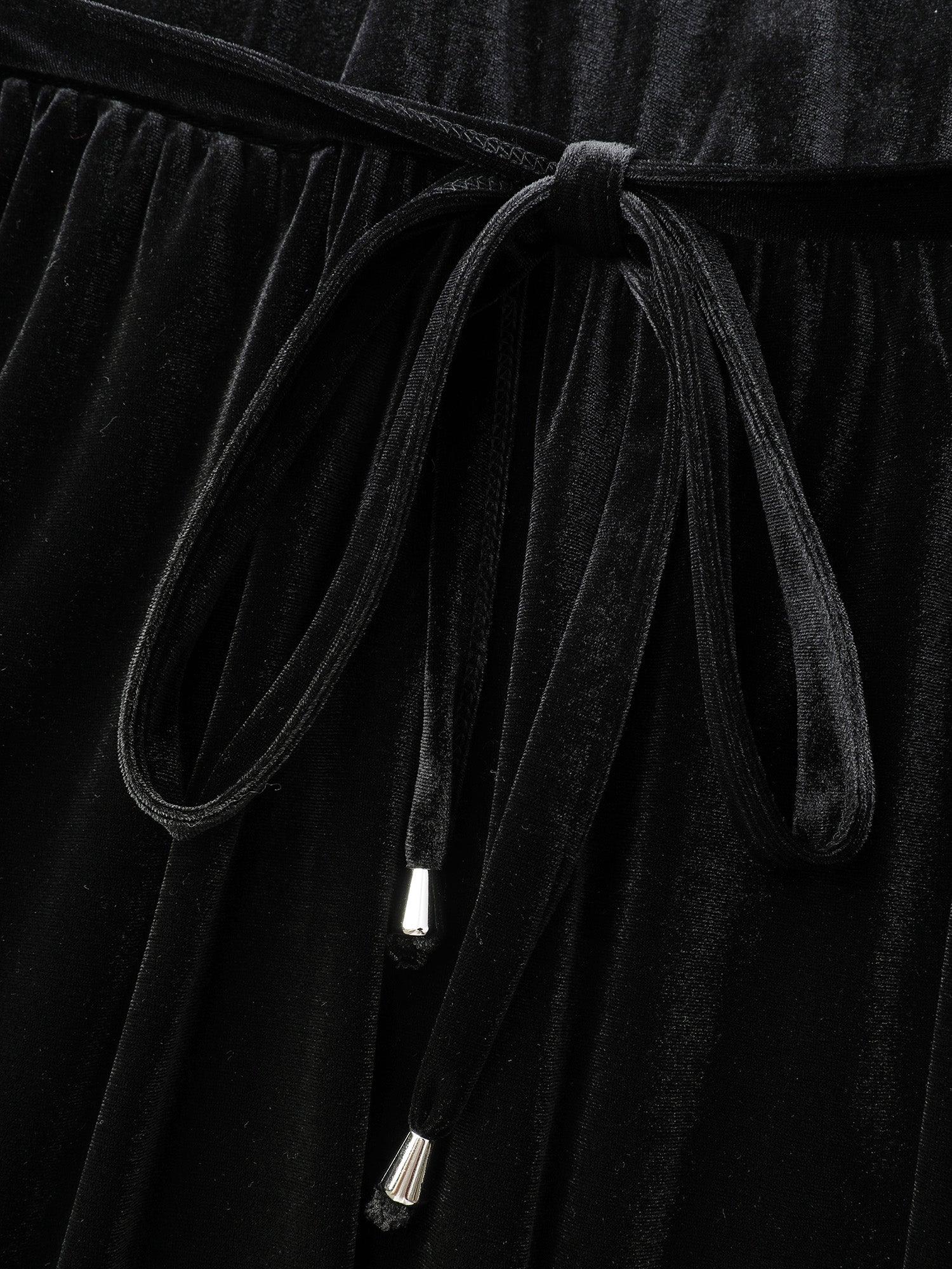 Velvet Sheer Neckline Belted Waist Maxi Dress Female Product Image