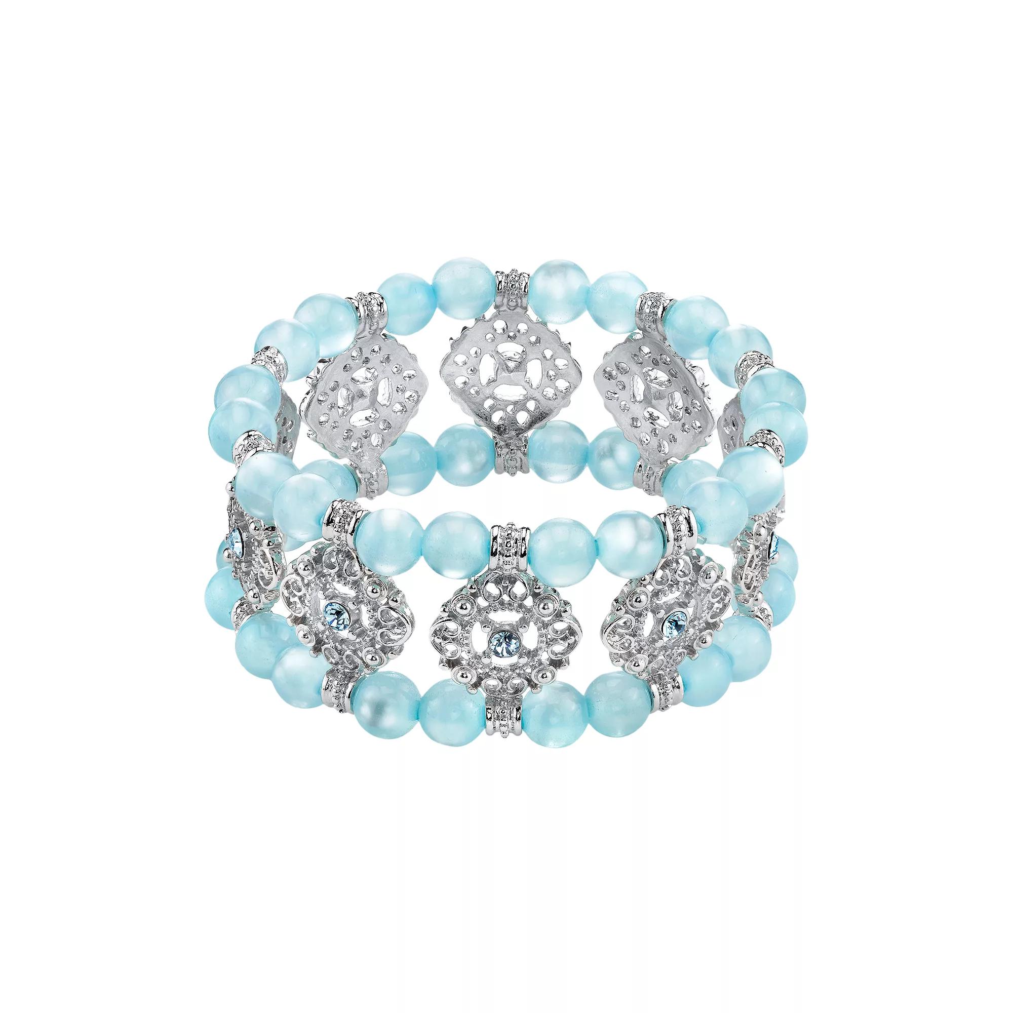 1928 Simulated Crystal & Bead Filigree Multistrand Stretch Bracelet, Womens Blue Product Image