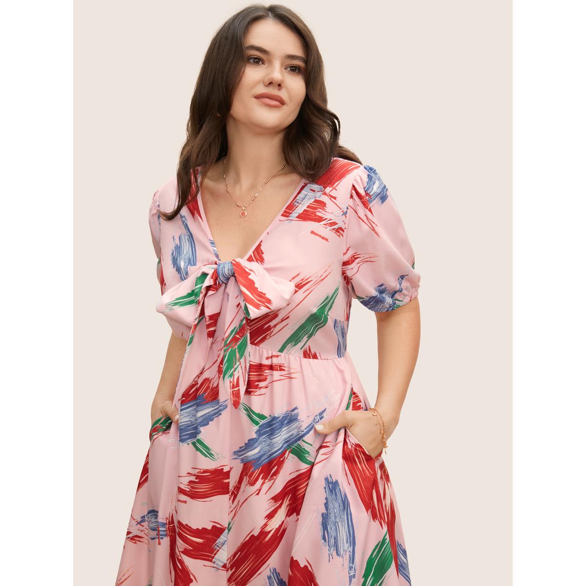 Plus Size Chiffon Floral Tiered Ruffles Split Hem Dress Nudepink Women Elegant Tie knot V-neck Half Sleeve Curvy BloomChic 22-24/3X Product Image