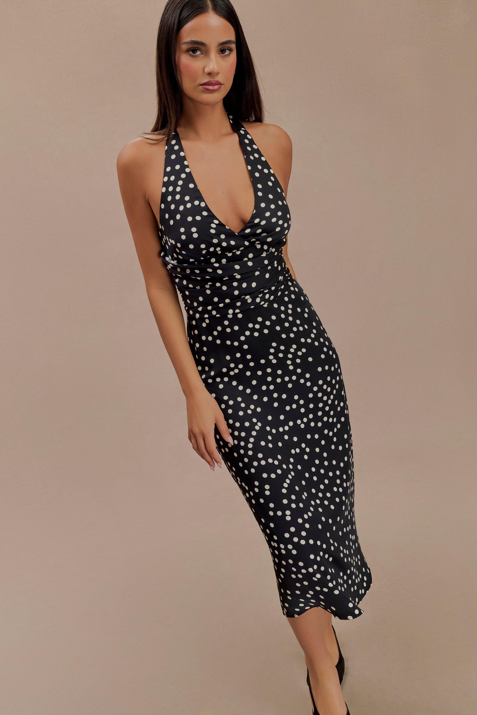Marguerite Satin Halter Midi Dress - Black Polka Dot Print Product Image