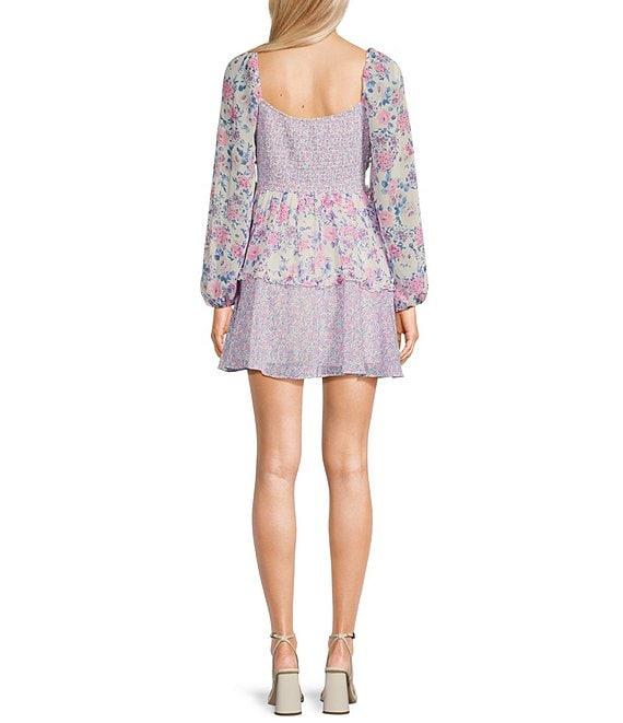 B. Darlin Floral Print V-Neck Smocked Long Sleeve Ruffle Layered Dress Product Image