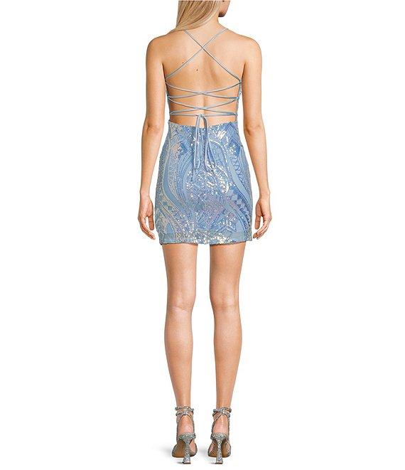 Midnight Doll Spaghetti Strap Placement Sequin Strappy Back Bodycon Mini Dress Product Image