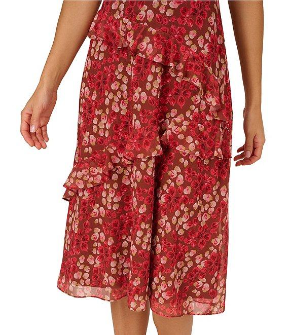 Adrianna Papell Crew Neck Flutter Sleeve Floral Print Crinkle Chiffon Midi Dress Product Image