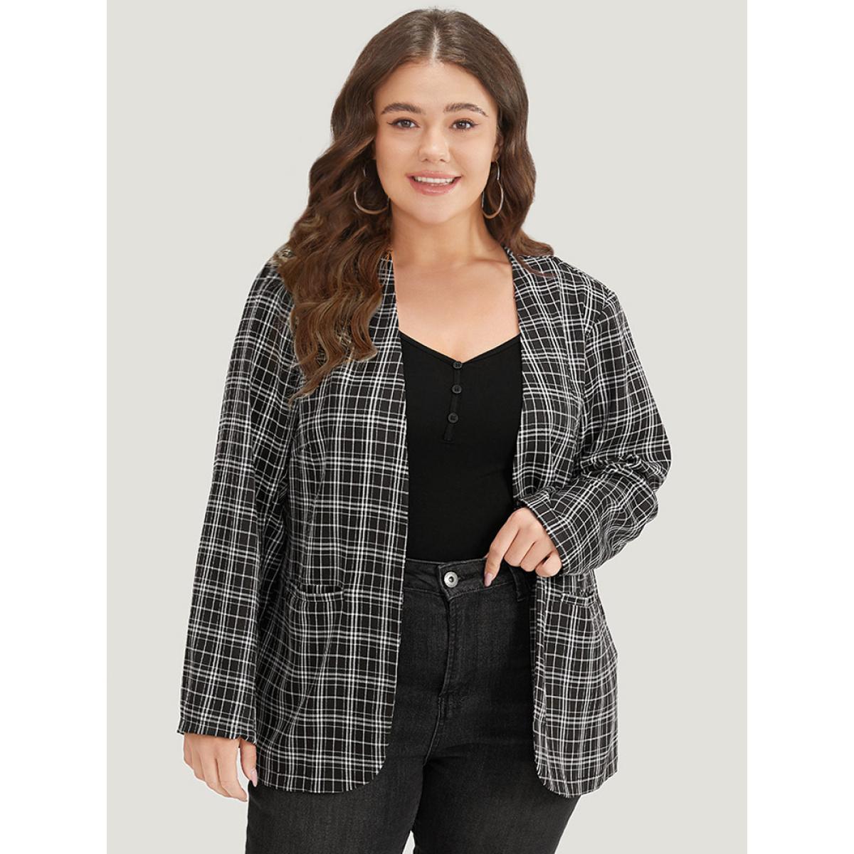Plus Size Plaid Pocket Open Front Blazer Black Women Dailywear Plaid Pocket Sleeve Long Sleeve Open Front 18-20/2X Pocket Casual Blazers BloomChic Product Image