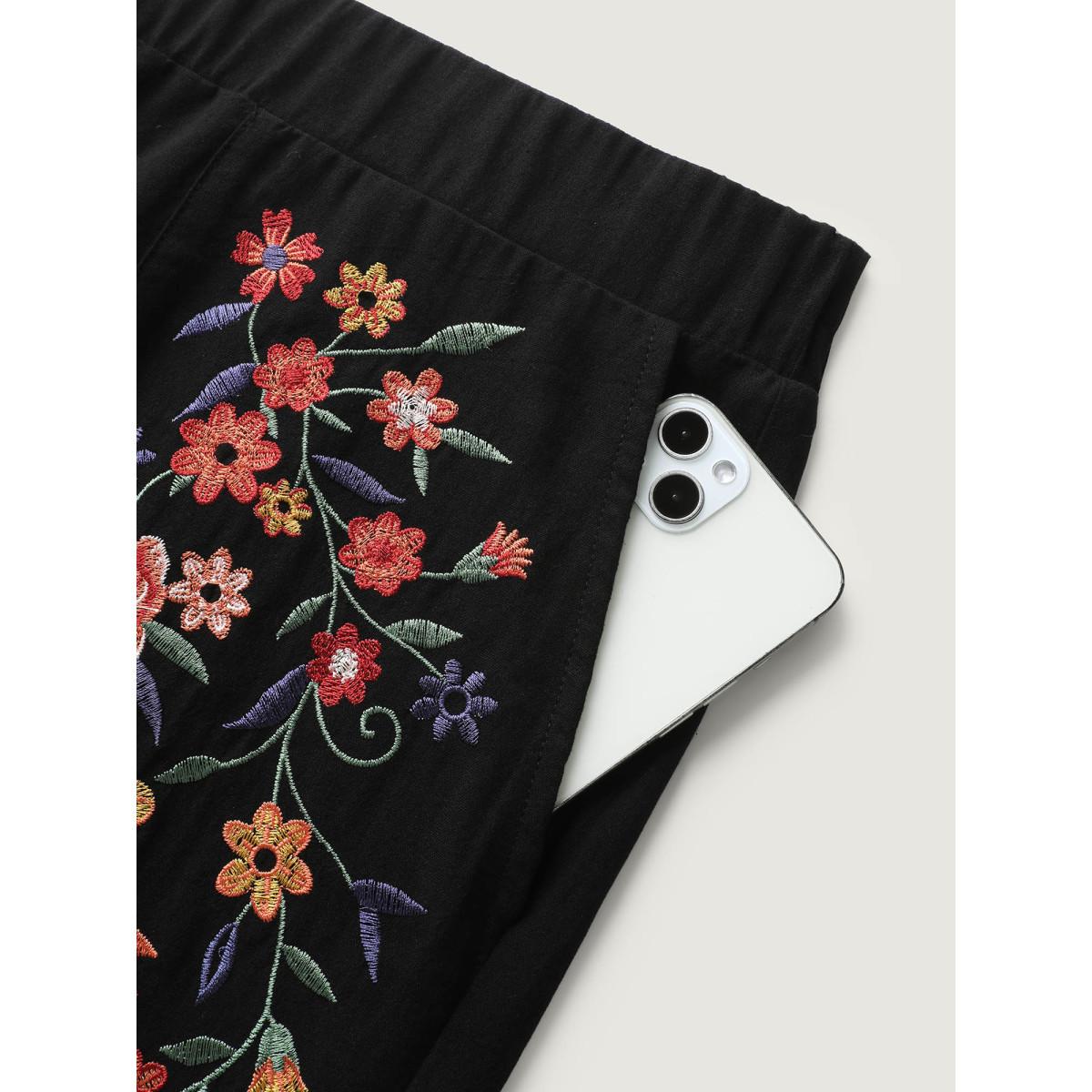 Plus Size Cotton Floral Embroidered Pockets Ribbed Hem Pants Women Black Boho Loose Mid Rise Vacation Pants BloomChic 28/5X Product Image