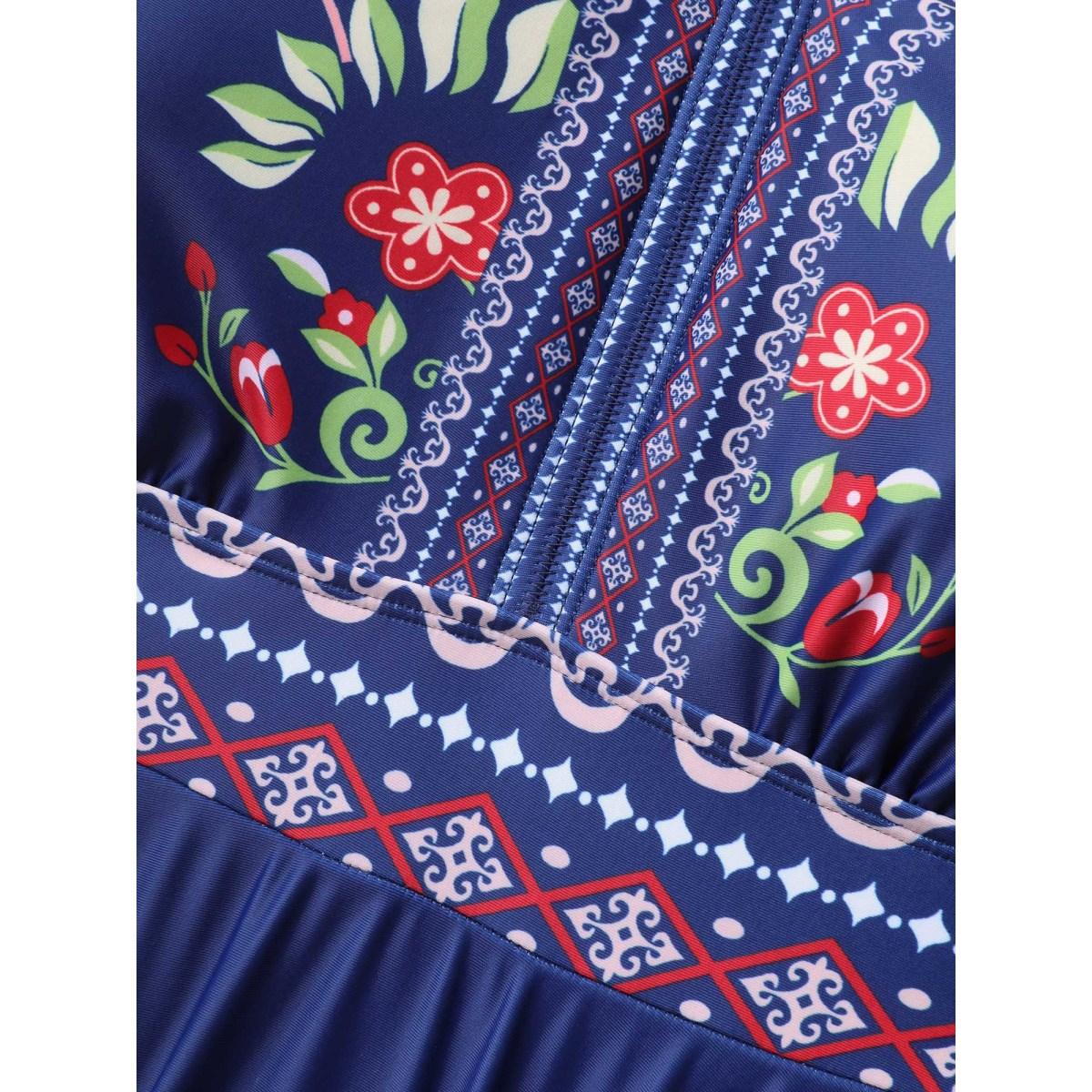 Plus Size Anti-Float Ties Floral Swim Dress Women's Swimwear Indigo Resort Bodycon V-neck High stretch Curve Swim Dresses BloomChic 14-16/1X Product Image