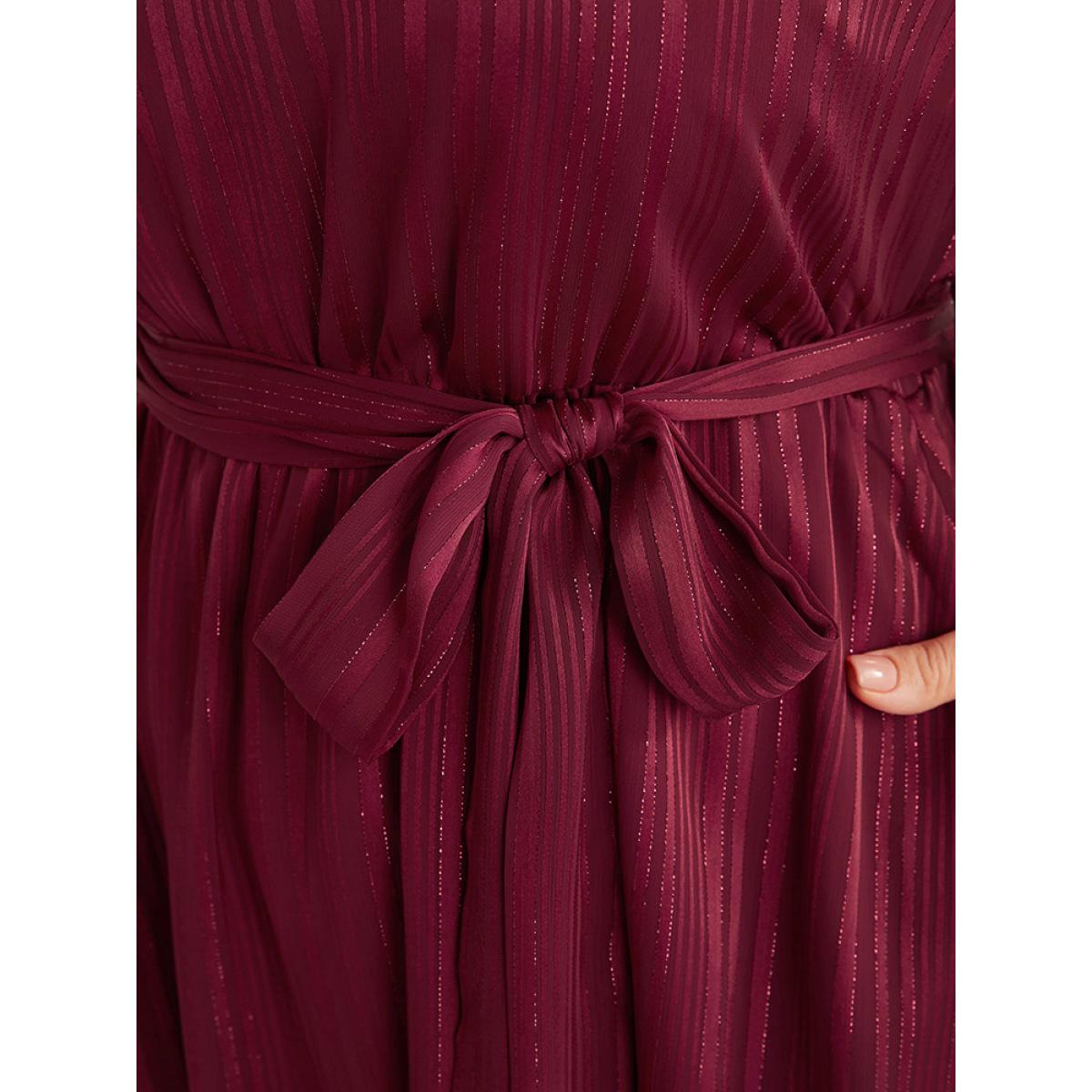 Plus Size Solid Pocket Lantern Sleeve Belted Sequin Dress Burgundy Women Party Pocket V-neck Long Sleeve Curvy Long Dress BloomChic 22-24/3X Product Image
