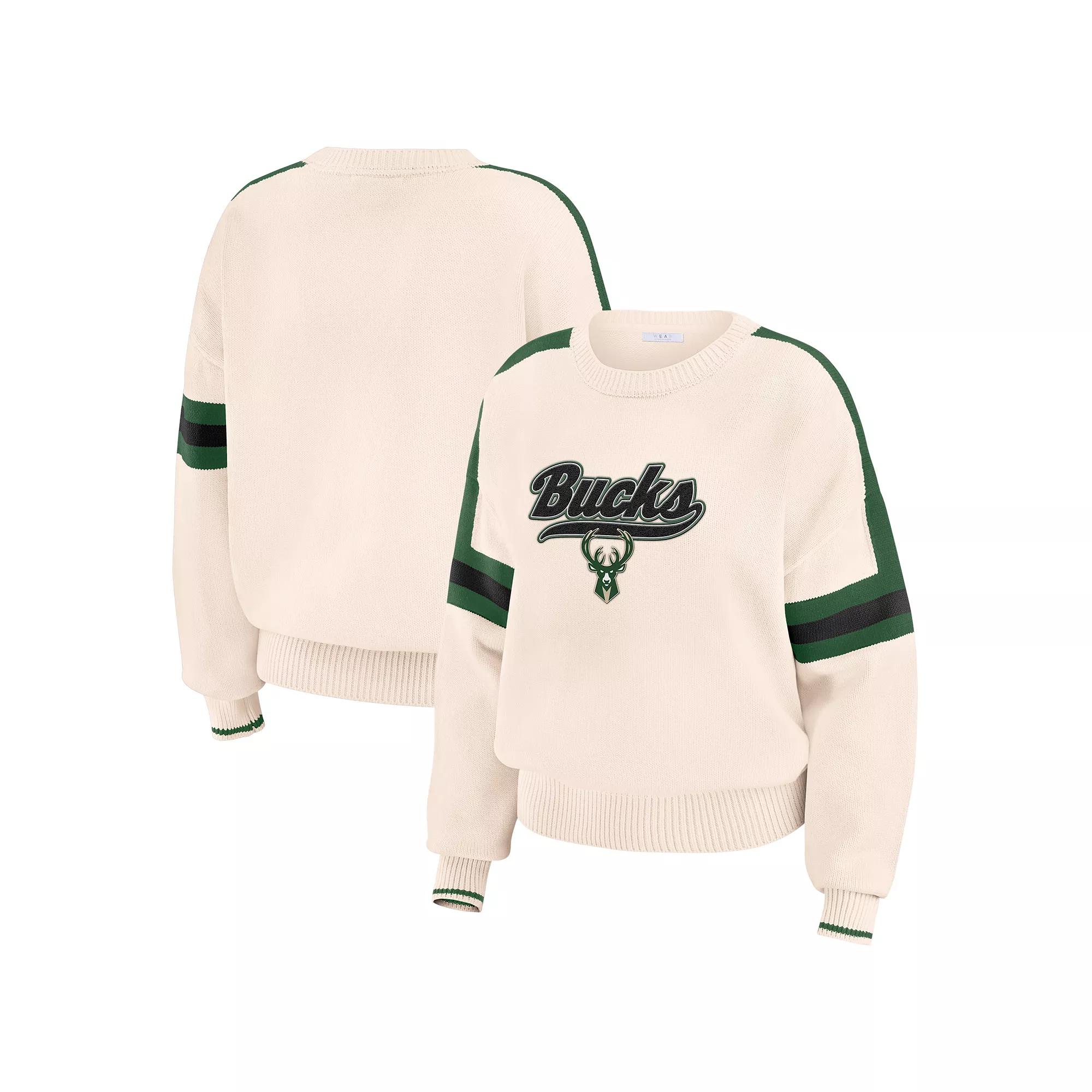 Women's WEAR by Erin Andrews  Cream Milwaukee Bucks Stripe Pullover Sweater, Size: 2XL, Beige Product Image