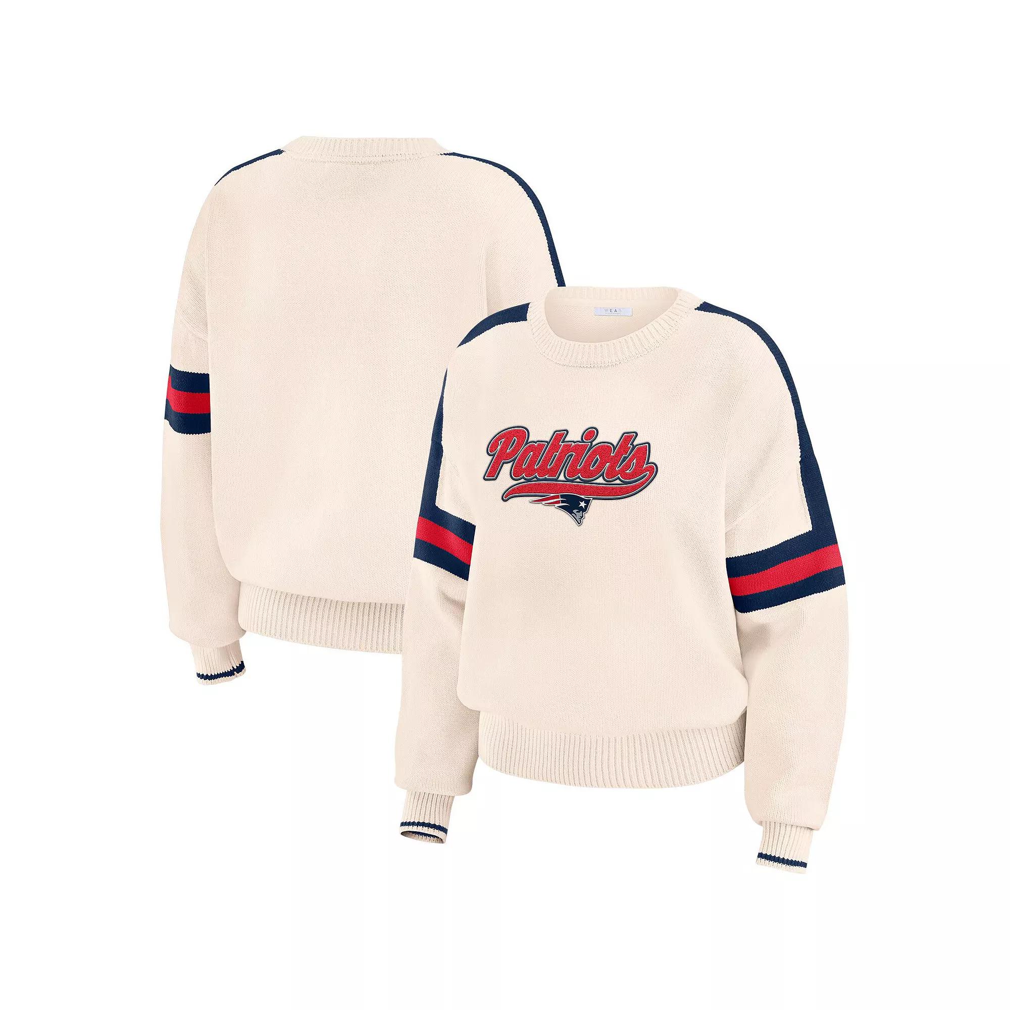 Women's WEAR by Erin Andrews Cream New England Patriots Stripe Pullover Sweater,  Product Image