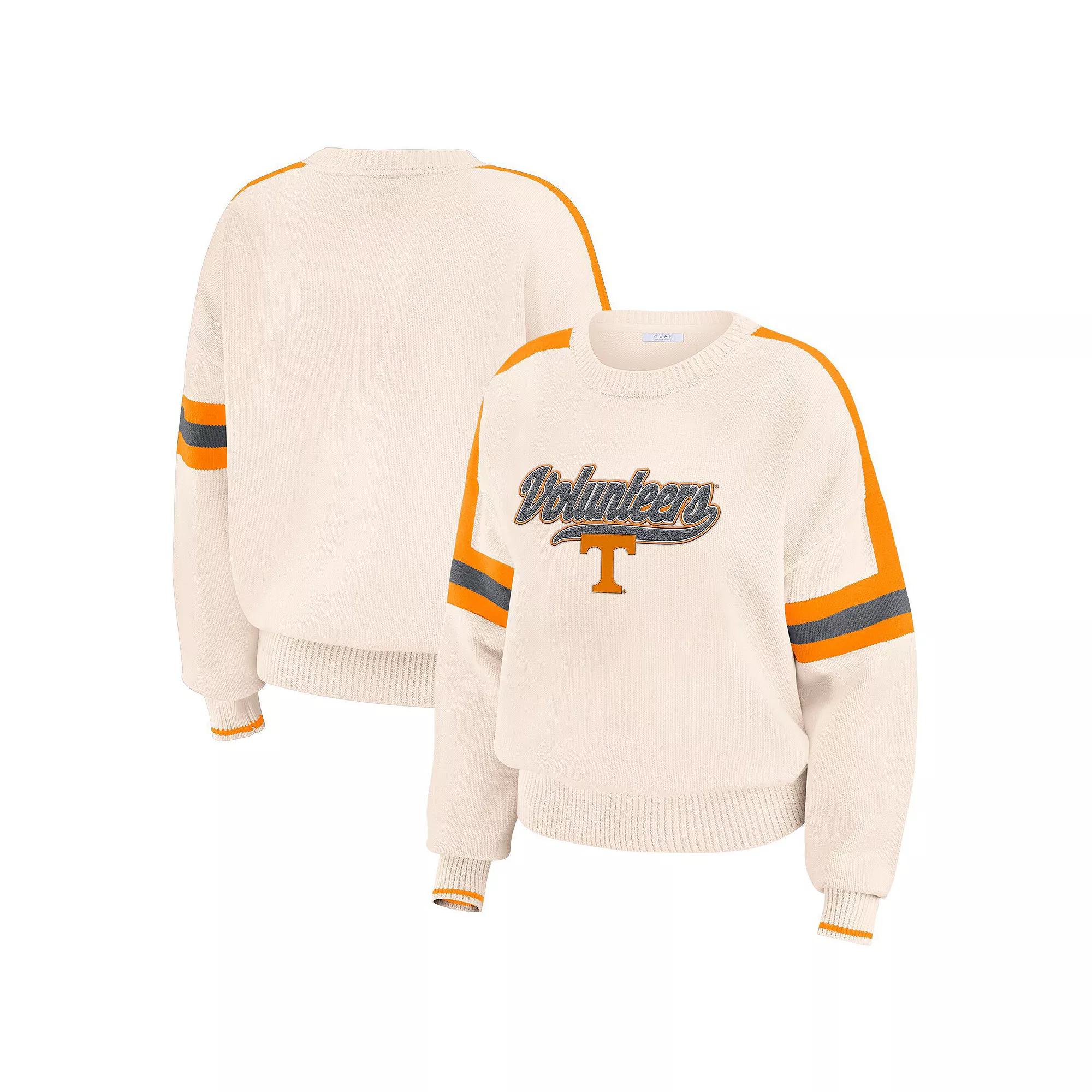 Women's WEAR by Erin Andrews Cream Tennessee Volunteers Chenille Woven Patch Stripe Pullover Sweater,  Product Image