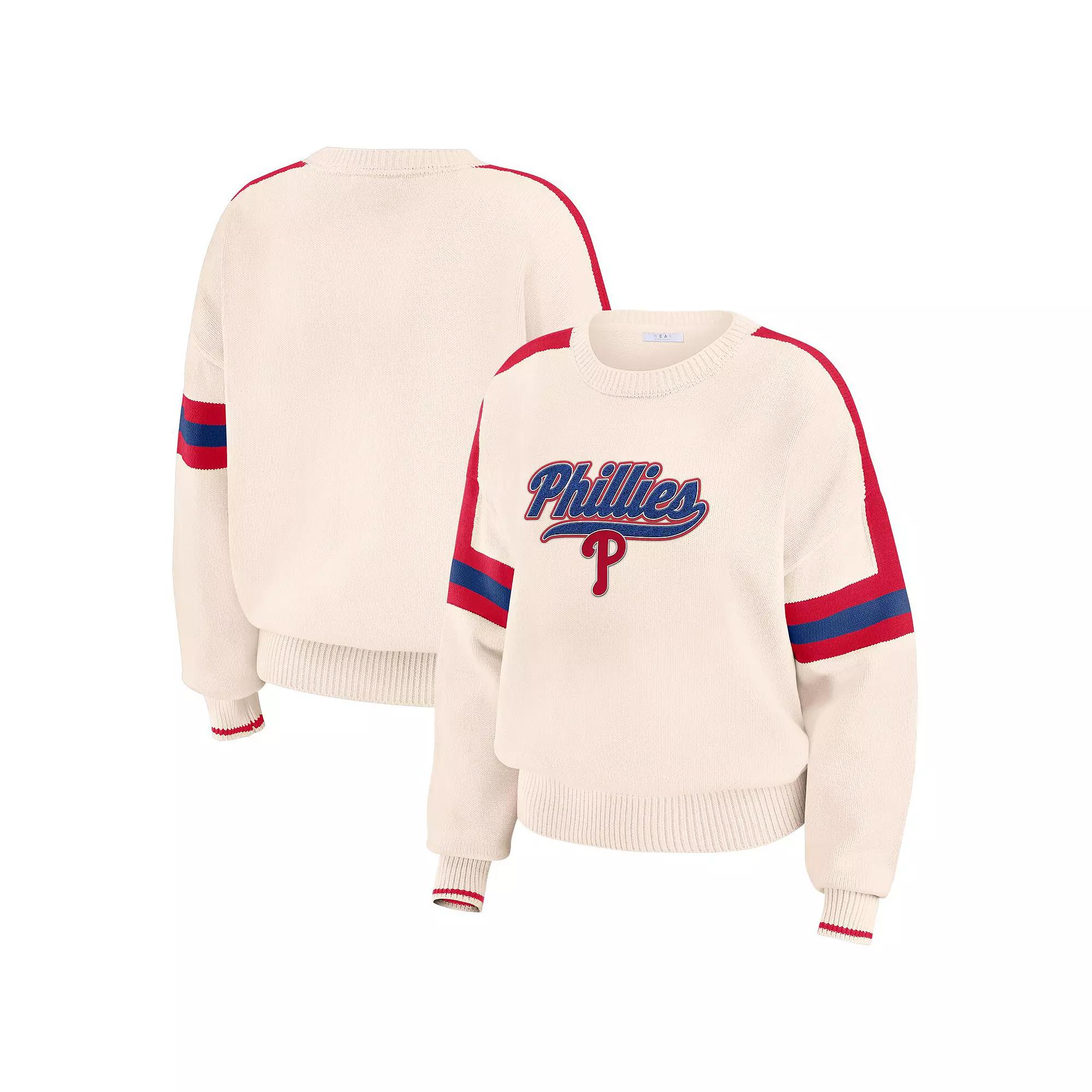 Women's WEAR by Erin Andrews Cream Philadelphia Phillies Stripe Pullover Sweater,  Product Image
