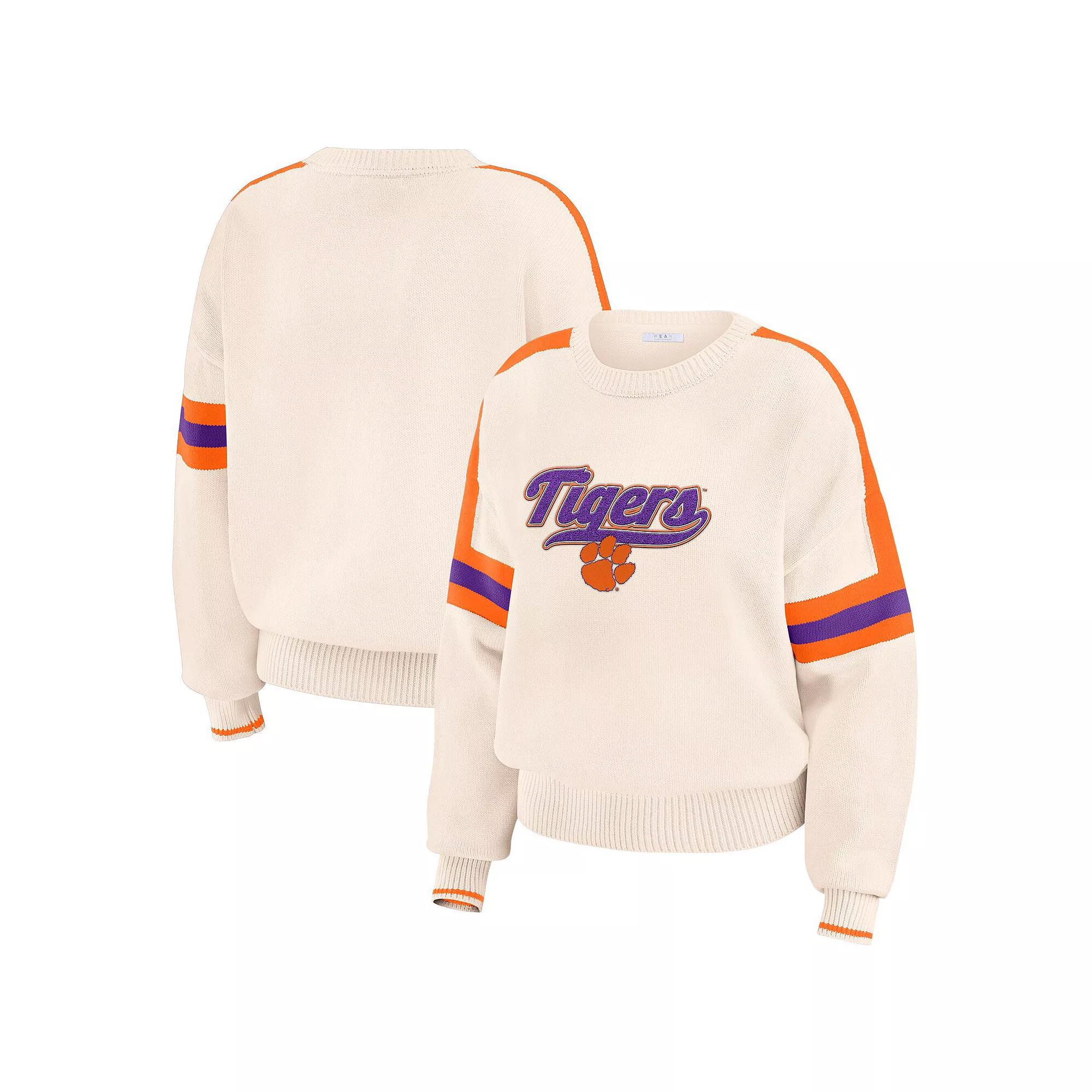 Women's WEAR by Erin Andrews Cream Clemson Tigers Chenille Woven Patch Stripe Pullover Sweater,  Product Image