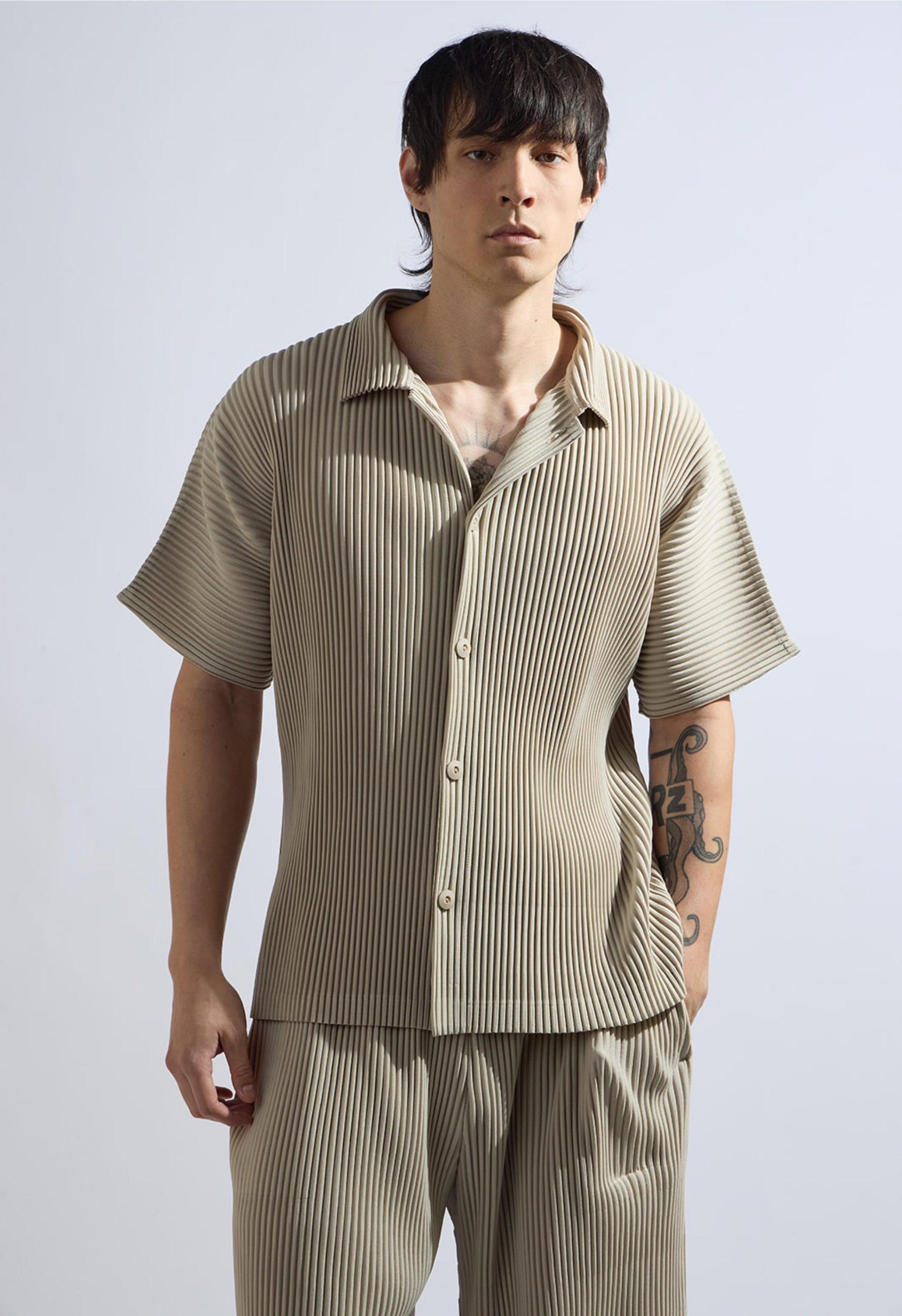 Pleated Short Sleeve Button Down in Beige Product Image