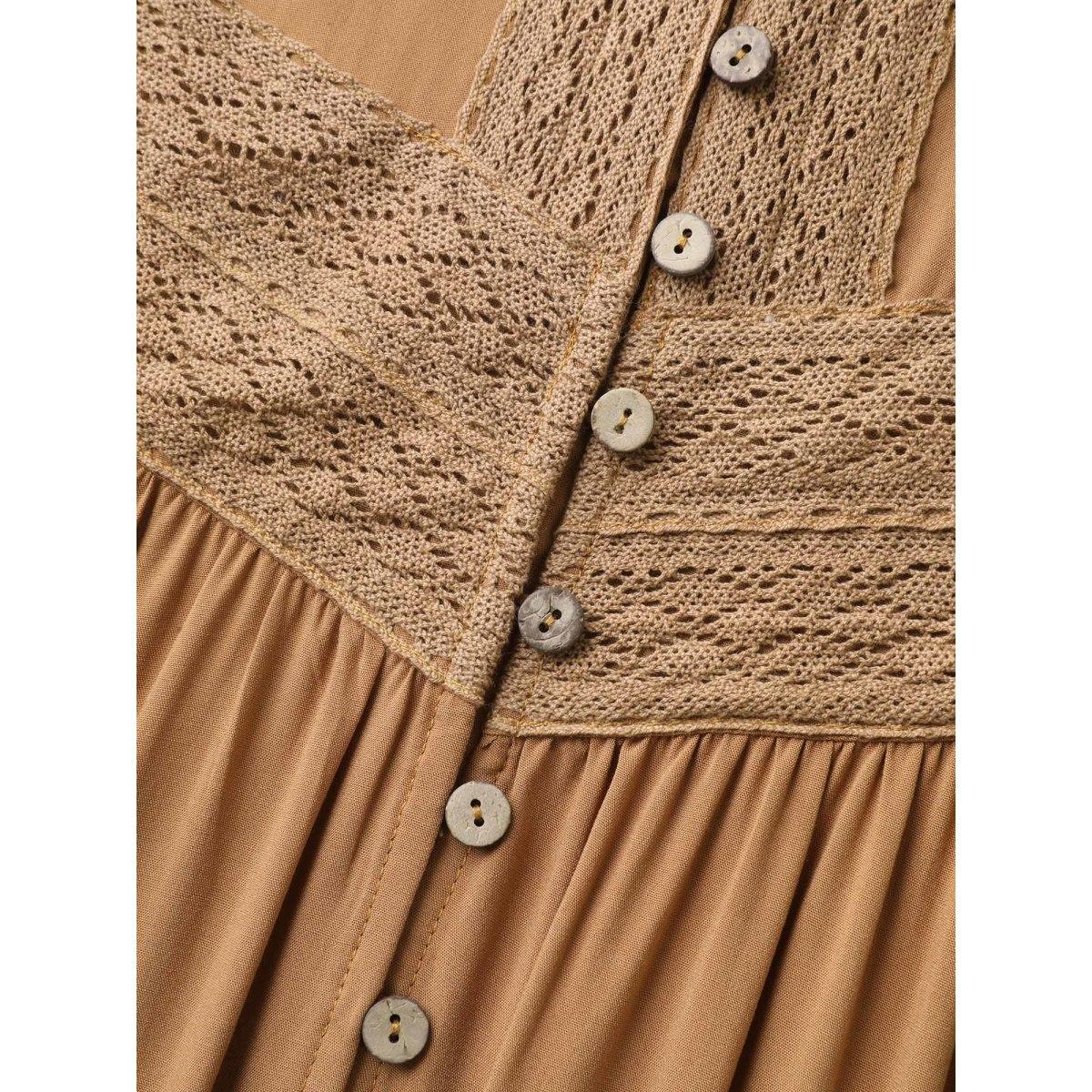 Plus Size Rayon Lace Trim Button Placket Flutter Maxi Dress Yellowishbrown Women V-neck Long Sleeve Curvy BloomChic 30/6X Product Image