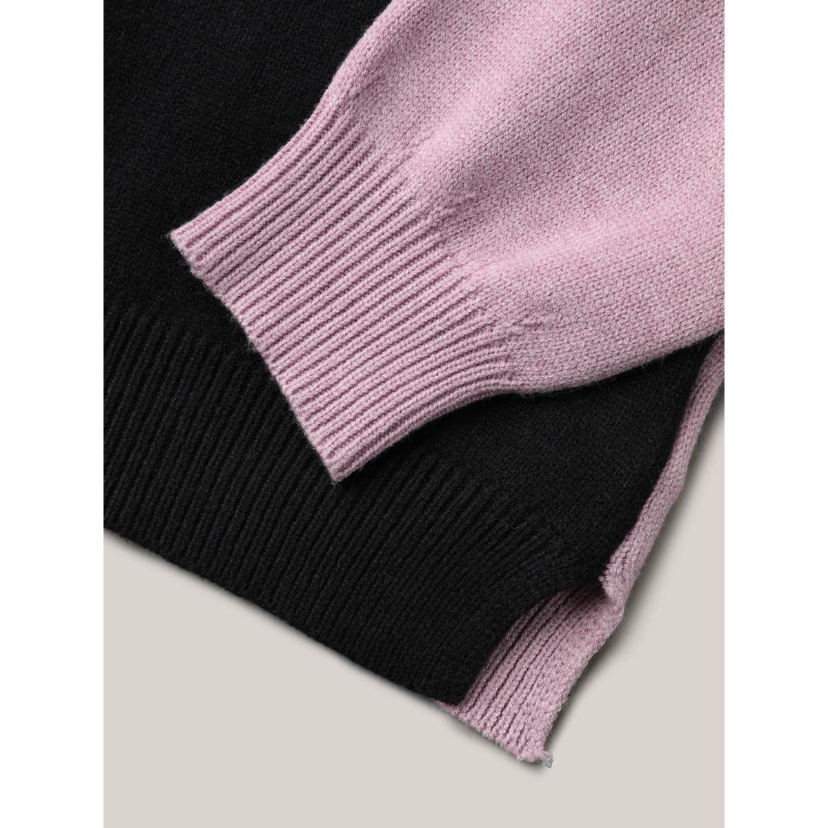 Plus Size Jacquard Floral Pattern Contrast Drop-Shoulder Pullover Black Women Casual Loose Long Sleeve Round Neck Everyday Pullovers BloomChic 18-20/2X Product Image